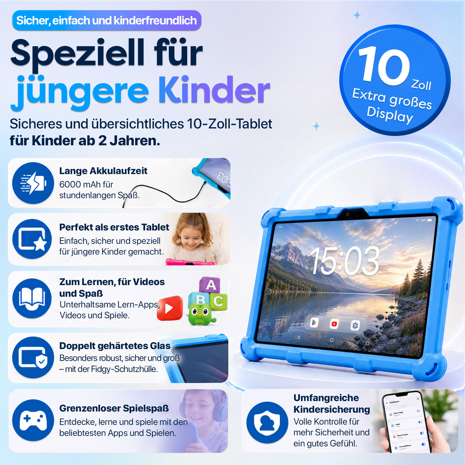 Ein blaues Kinder-Tablet mit 10-Zoll-Display, das für Kinder ab 2 Jahren geeignet ist.