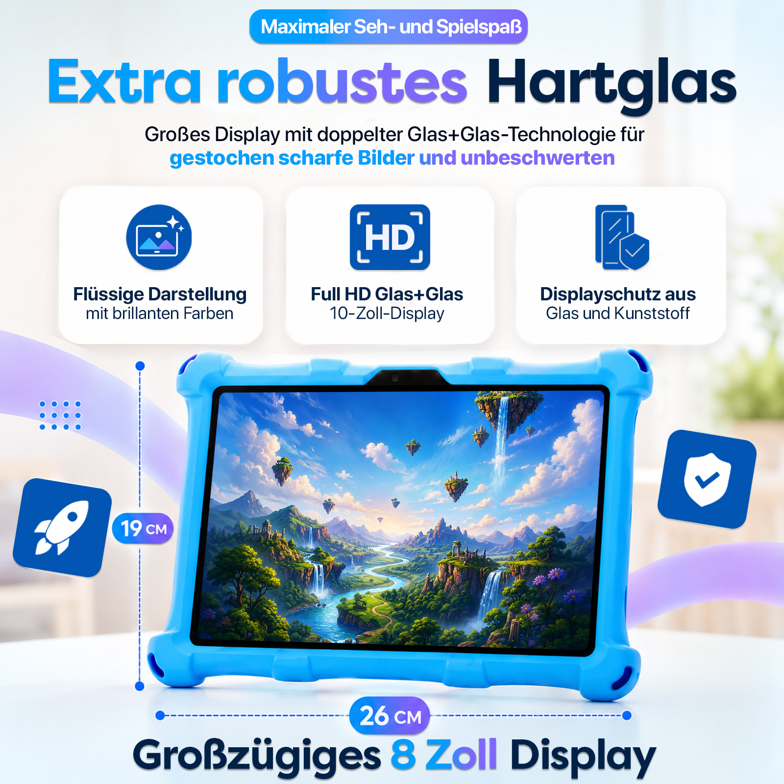 Ein blaues Tablet mit einem Fantasy-Landschaftsbild auf dem Bildschirm.