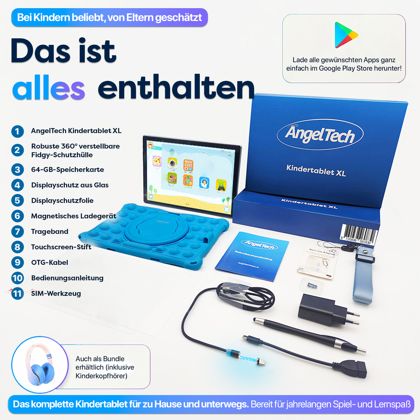 Ein AngelTech Kindertablet XL mit Zubehör: Hülle, Stift, Kabel, Kopfhörer, Ladekabel.