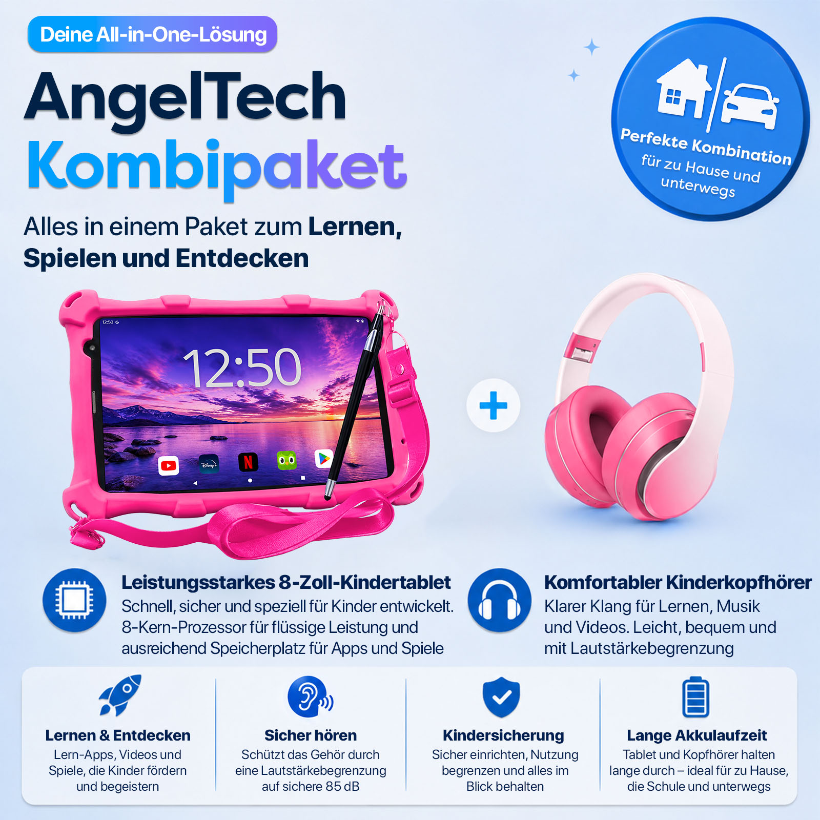 Pinkes AngelTech Tablet und Kopfhörer. Perfekt für Kinder. Mit Lern- und Unterhaltungsfunktionen.