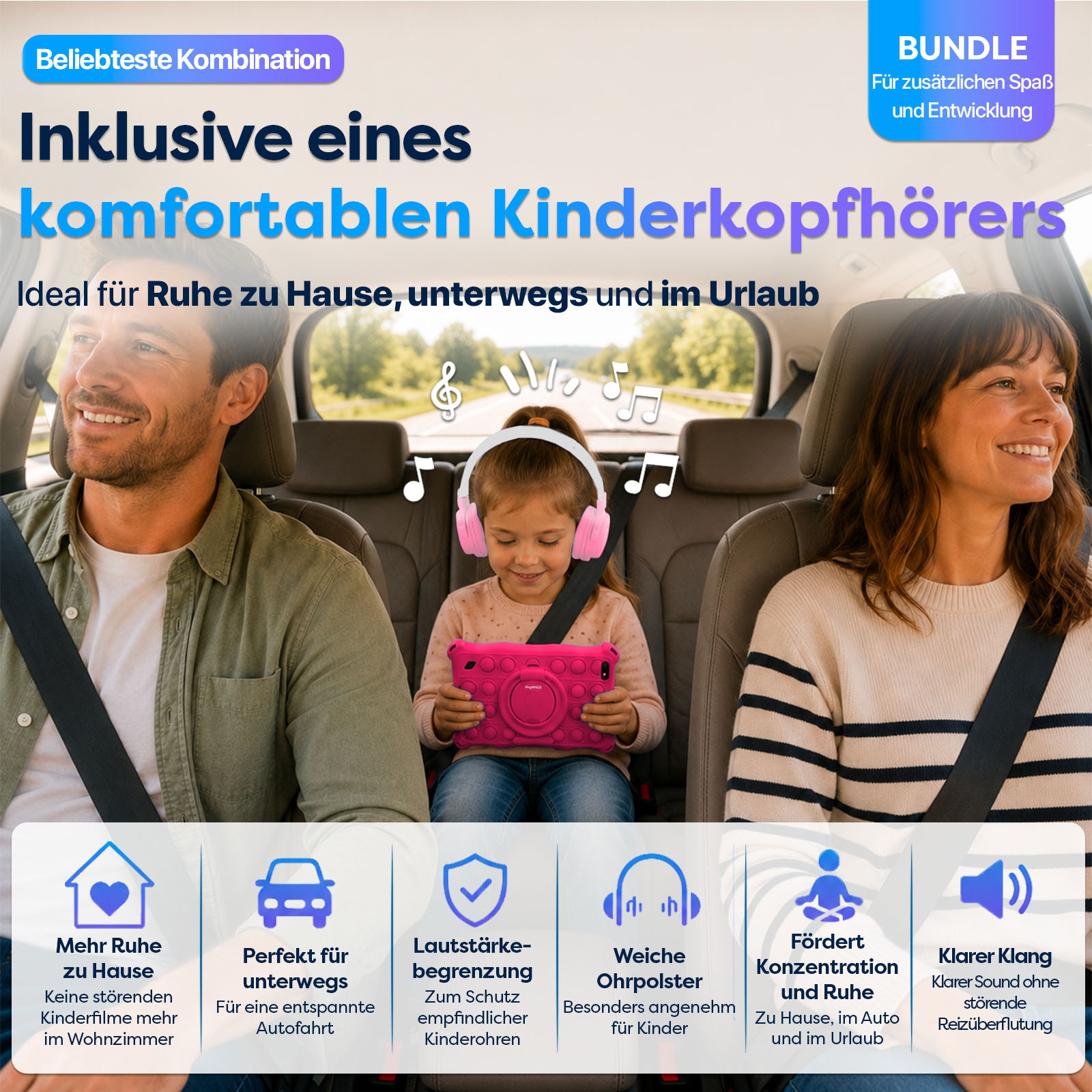 Familie im Auto, Kind mit Kopfhörern und Tablet, Text über Kopfhörer.