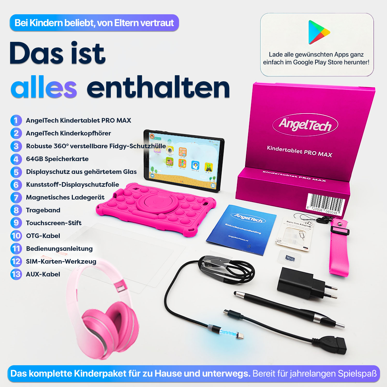 AngelTech Kindertablet-Paket mit Zubehör: Tablet, Kopfhörer, Hülle, Stift, Kabel, Ladegerät.