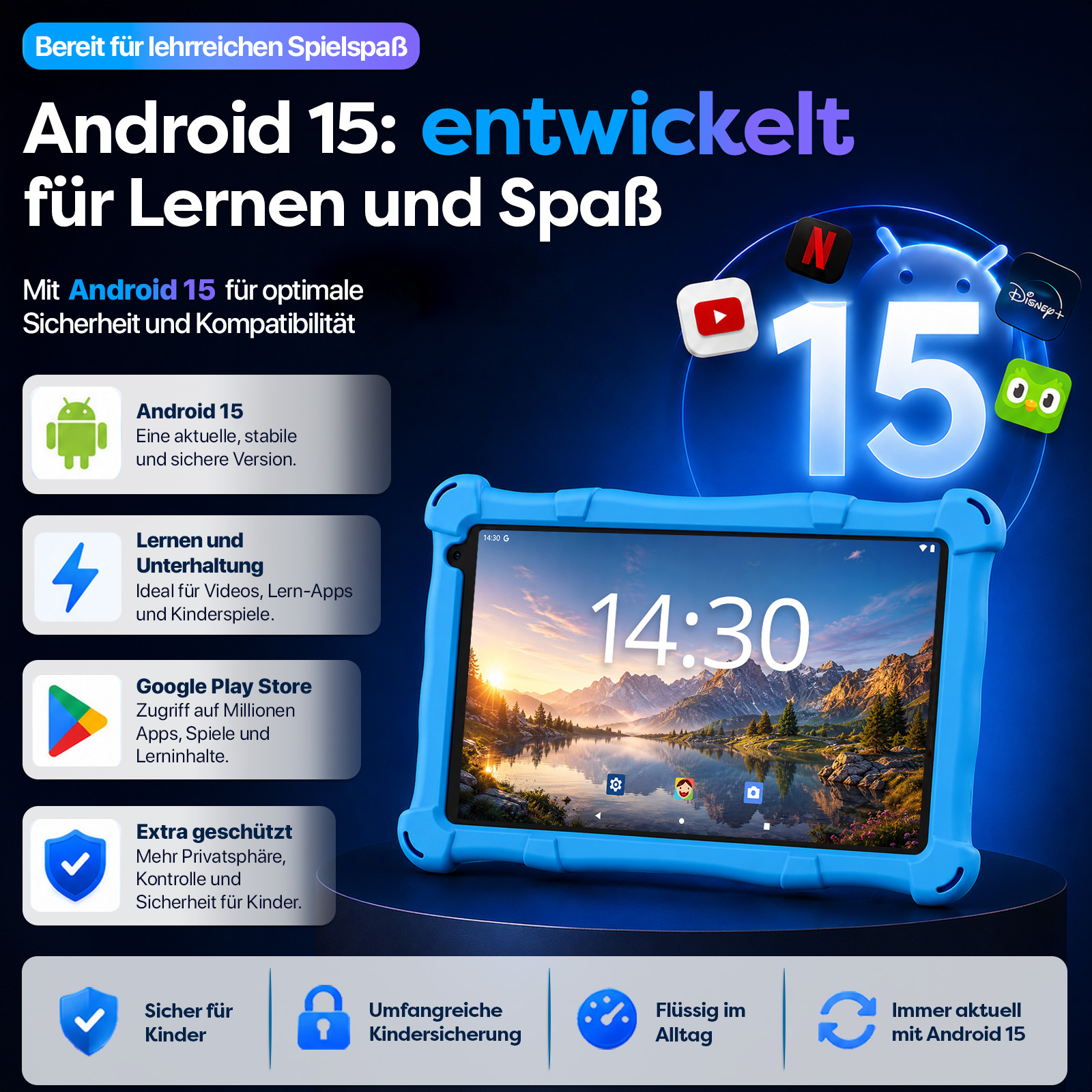 Blaues Tablet mit Android 15 Schriftzug, App-Symbolen und Berglandschaft auf dem Bildschirm.
