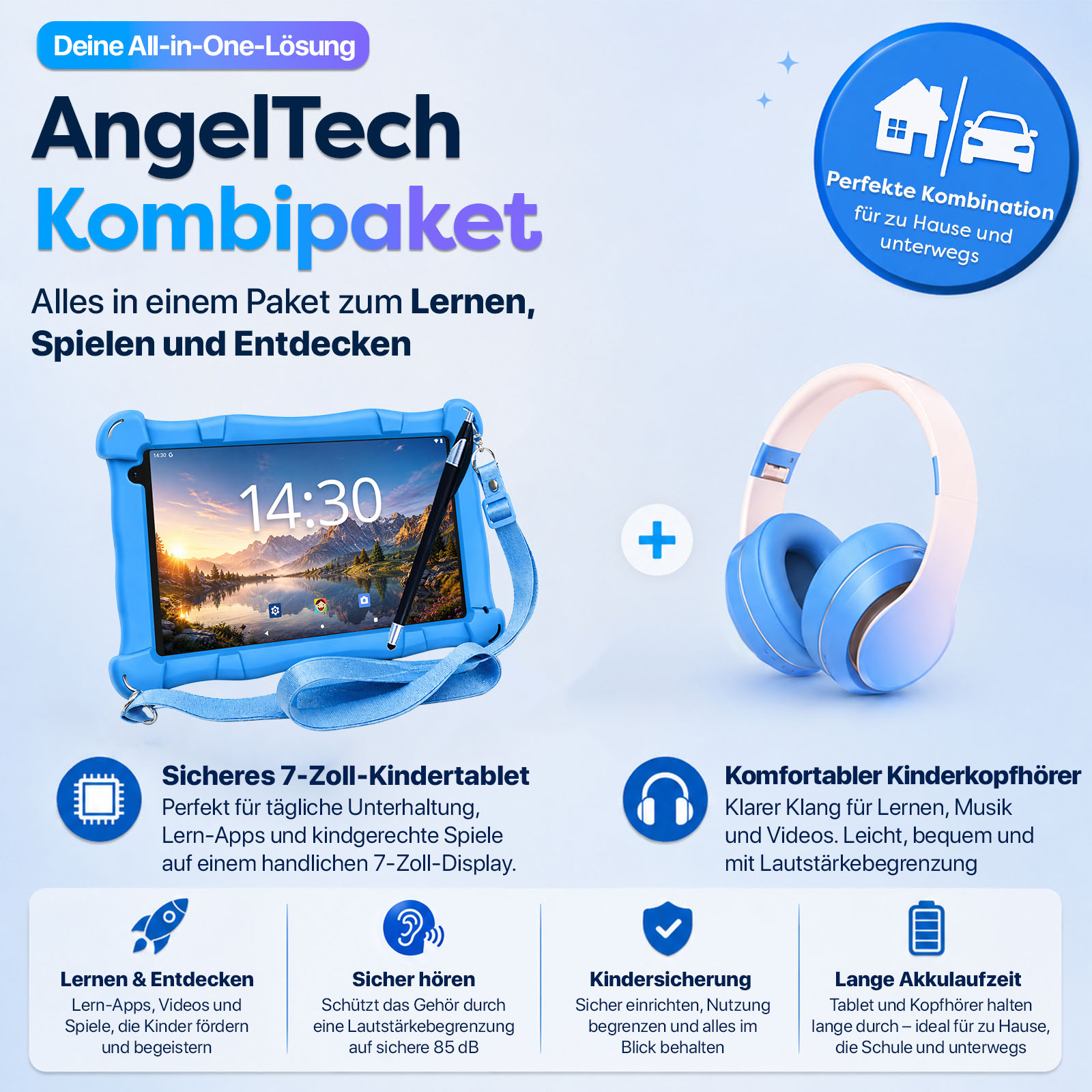 AngelTech Kombipaket: Blaues Kindertablet mit Stift und Kopfhörern.