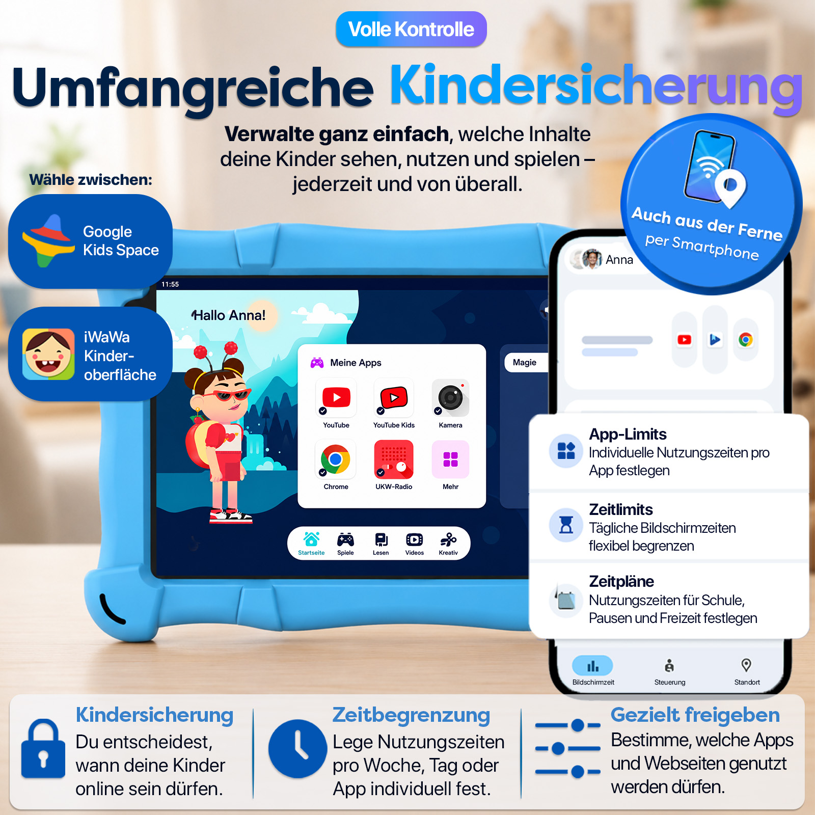 Umfassende Kindersicherung auf Tablet und Smartphone mit App-Limits und Zeitplänen.