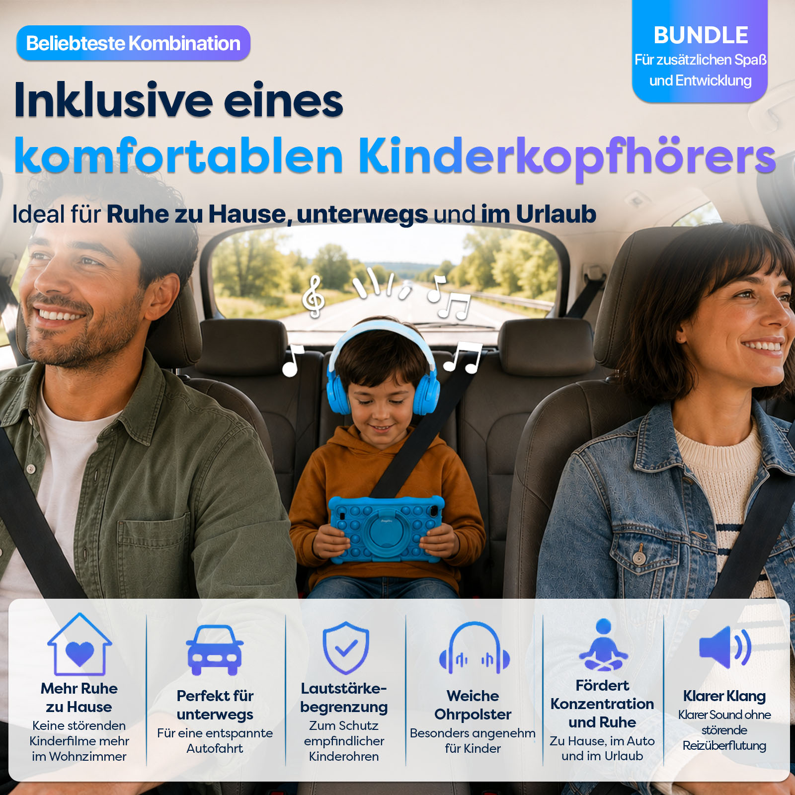 Familie im Auto, Kind hört Musik mit Kopfhörern. Text über Komfort.