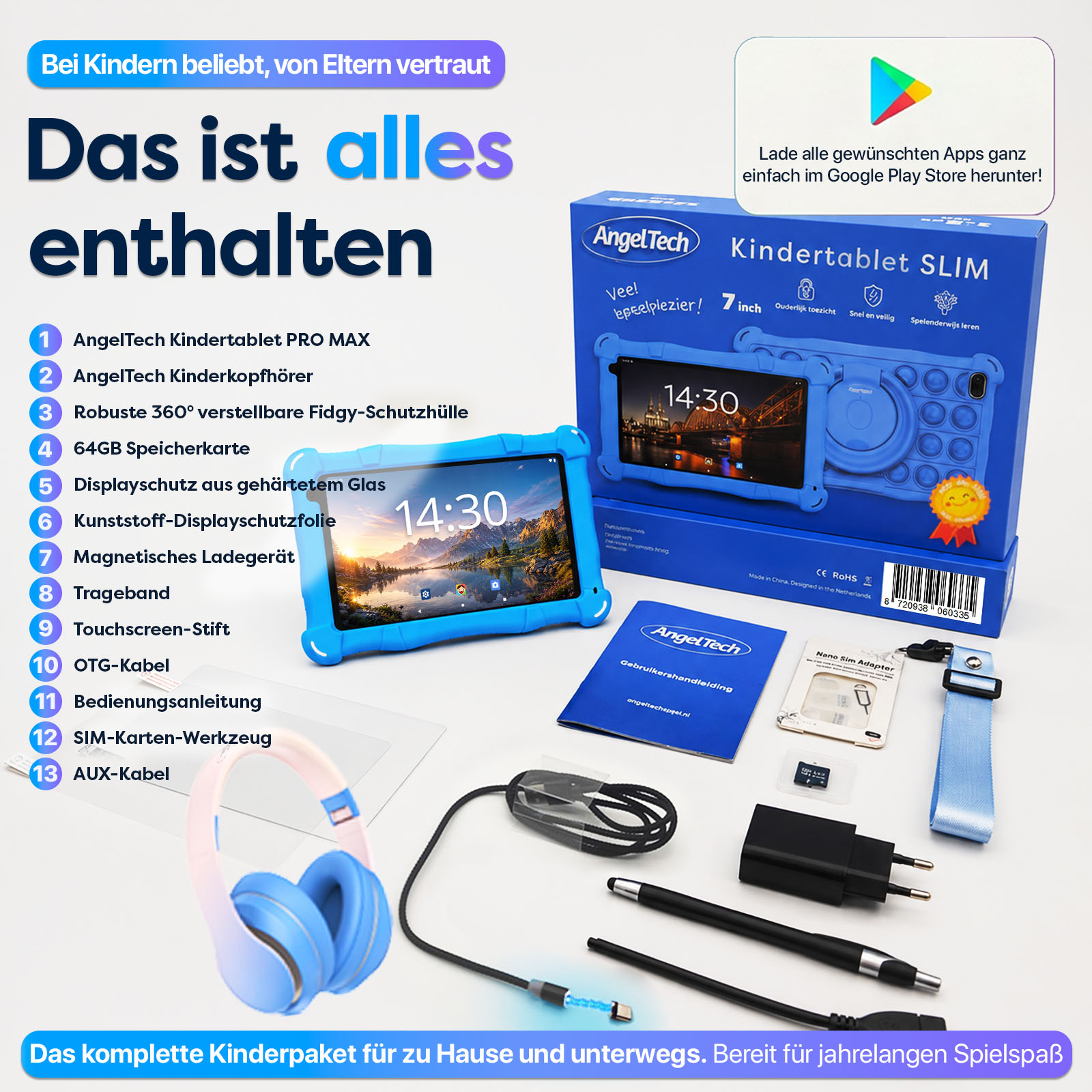 AngelTech Kindertablet mit Zubehör: Tablet, Kopfhörer, Hülle, Ladekabel, Stift, Anleitung.