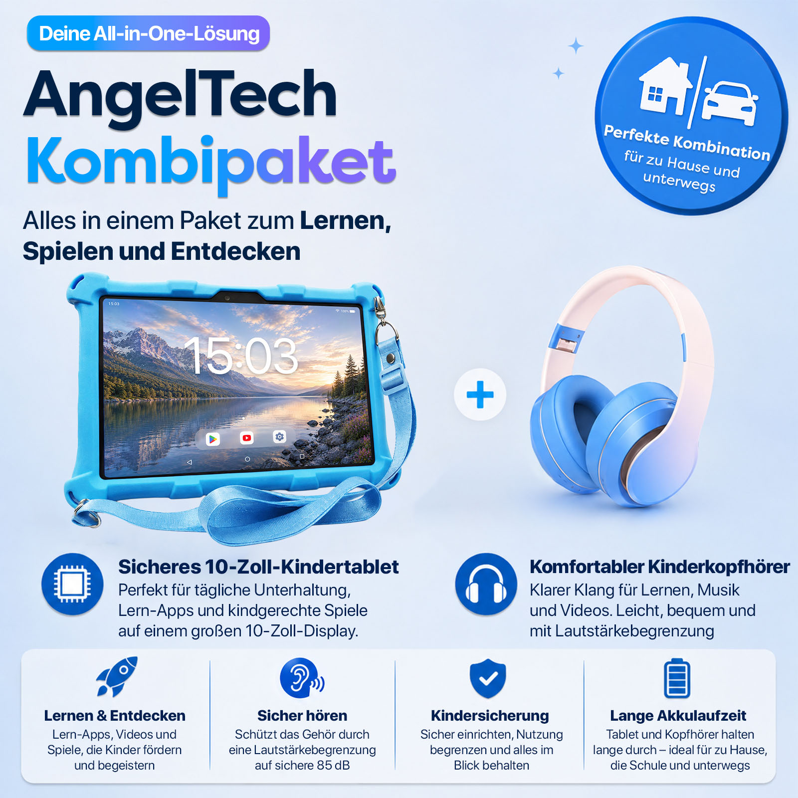 AngelTech Kombipaket: Blaues Kindertablet und Kopfhörer. Ideal für Lernen & Spielen.
