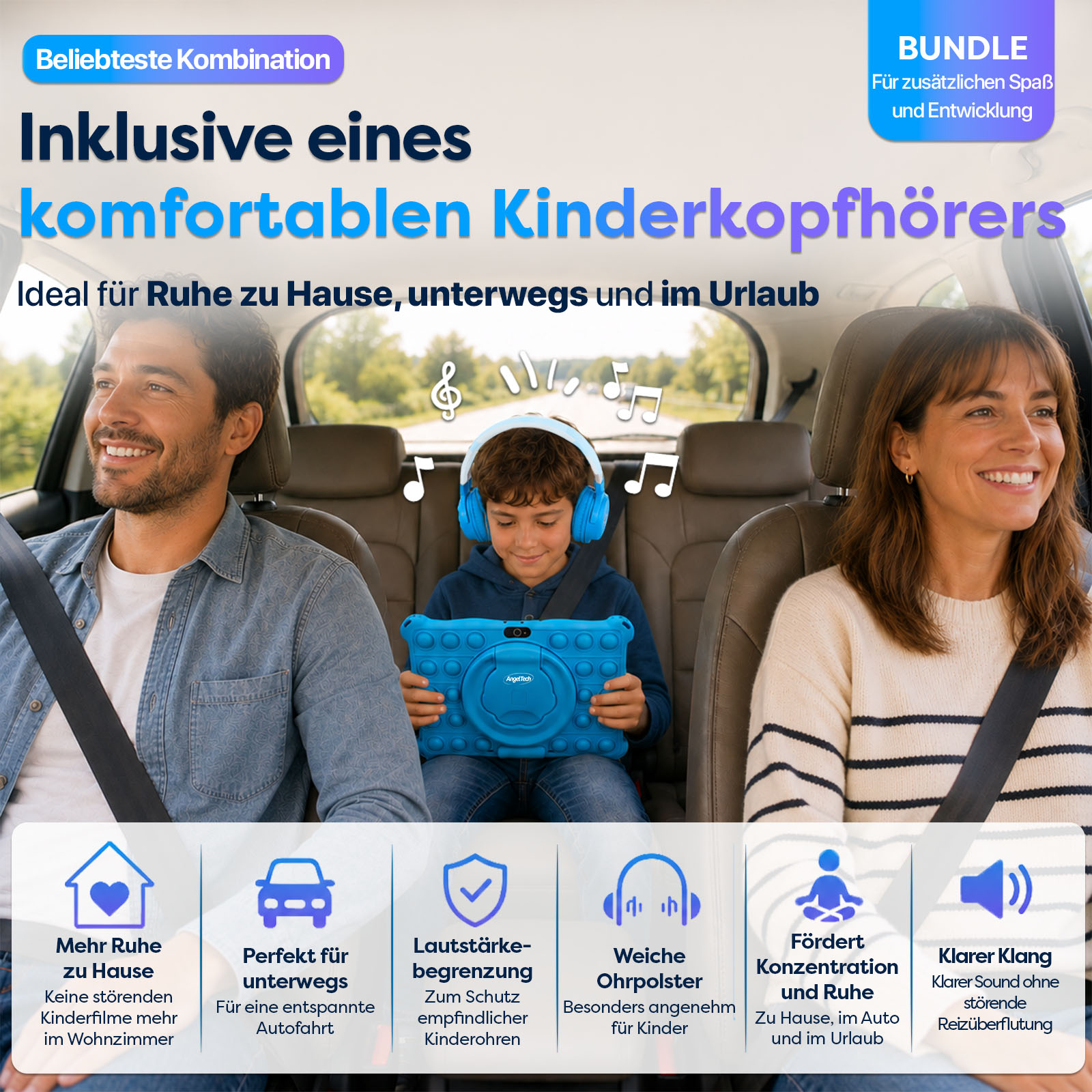 Familie im Auto: Vater, Mutter und Kind mit Kopfhörern und Tablet.