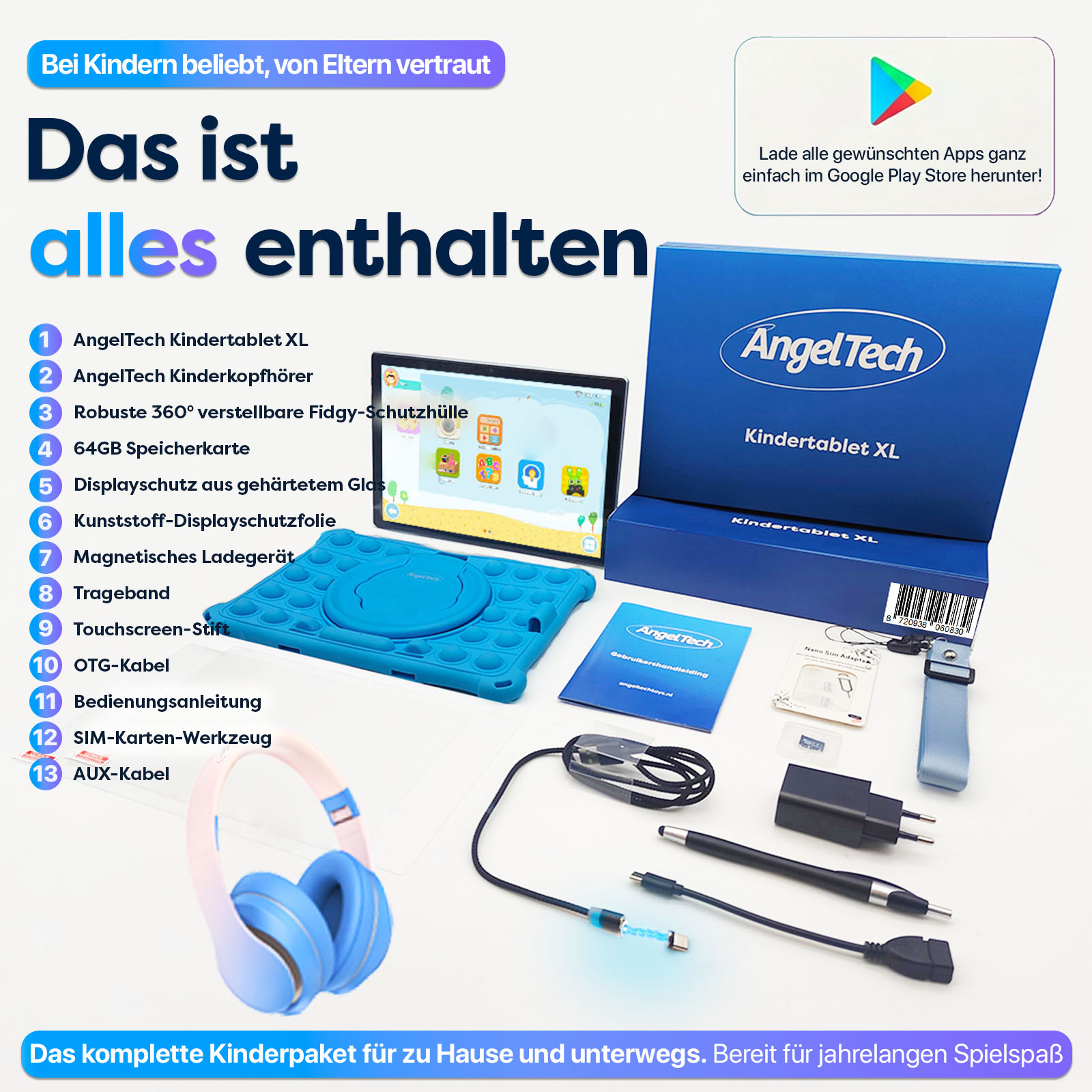 AngelTech Kindertablet XL mit Zubehör: Kopfhörer, Hülle, Ladegerät, Kabel, Stift, Anleitung.