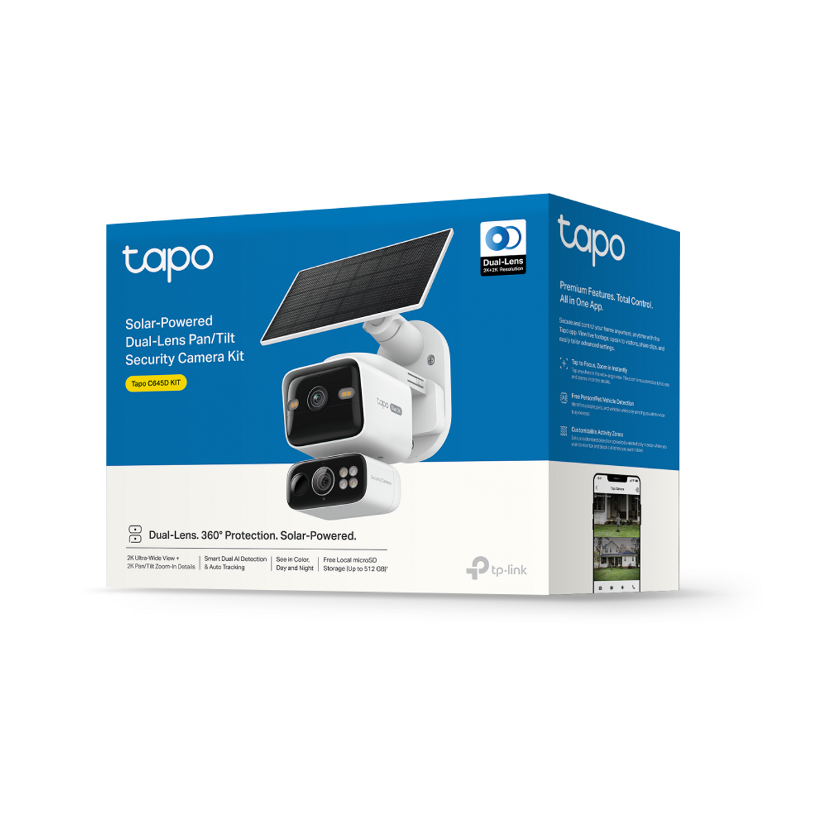 Kit de cámara de seguridad Tapo dual-lens con panel solar, con movimiento horizontal/vertical.