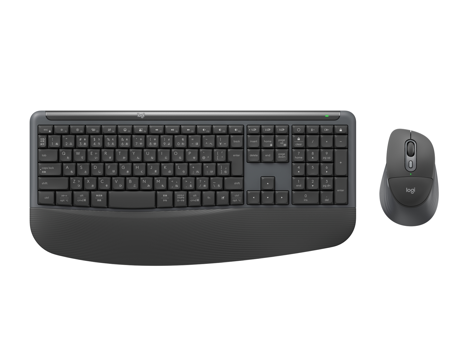 Tastiera e mouse Logitech grigi su sfondo bianco.
