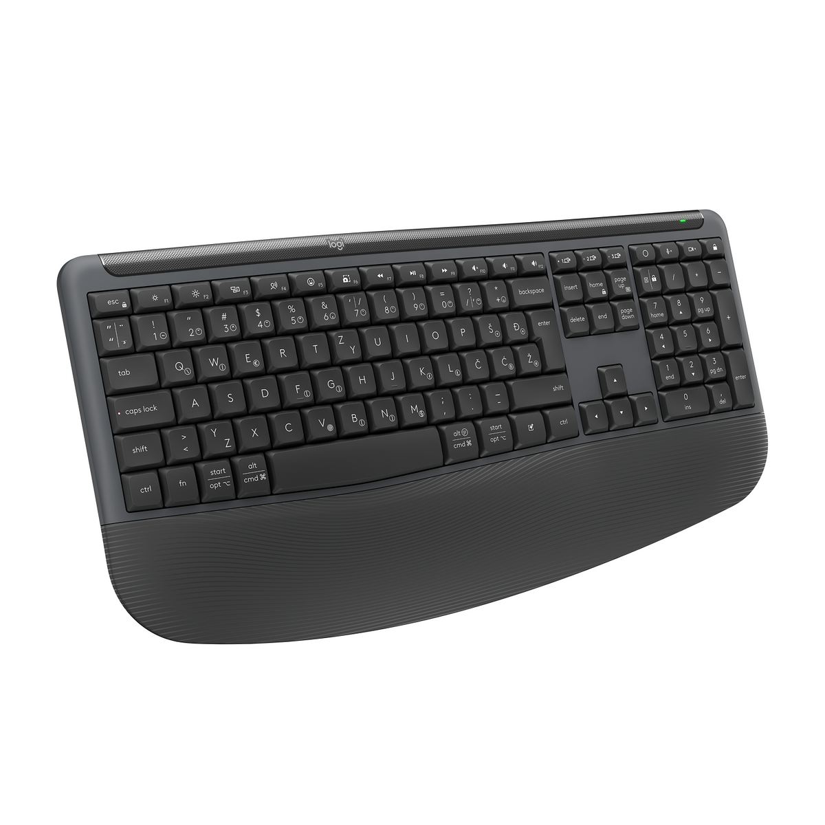 Una tastiera Logitech nera con poggiapolsi ergonomico, vista dall'alto.