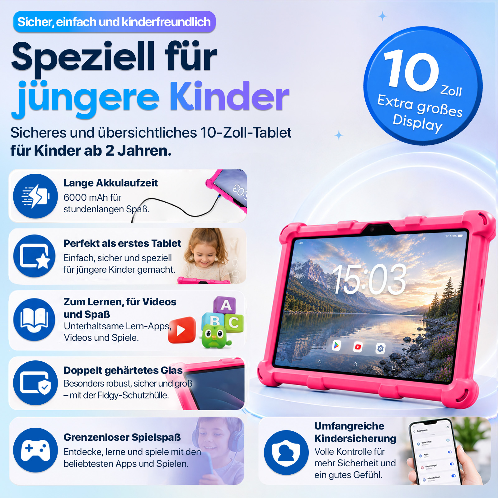 Ein pinkes Tablet für Kinder mit einem 10-Zoll-Display, Akkulaufzeit und Kindersicherung.