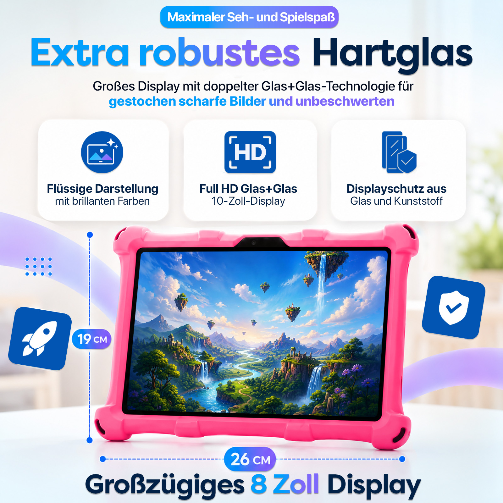 Ein rosa Tablet mit einem Fantasy-Landschaftsbildschirm und Text.
