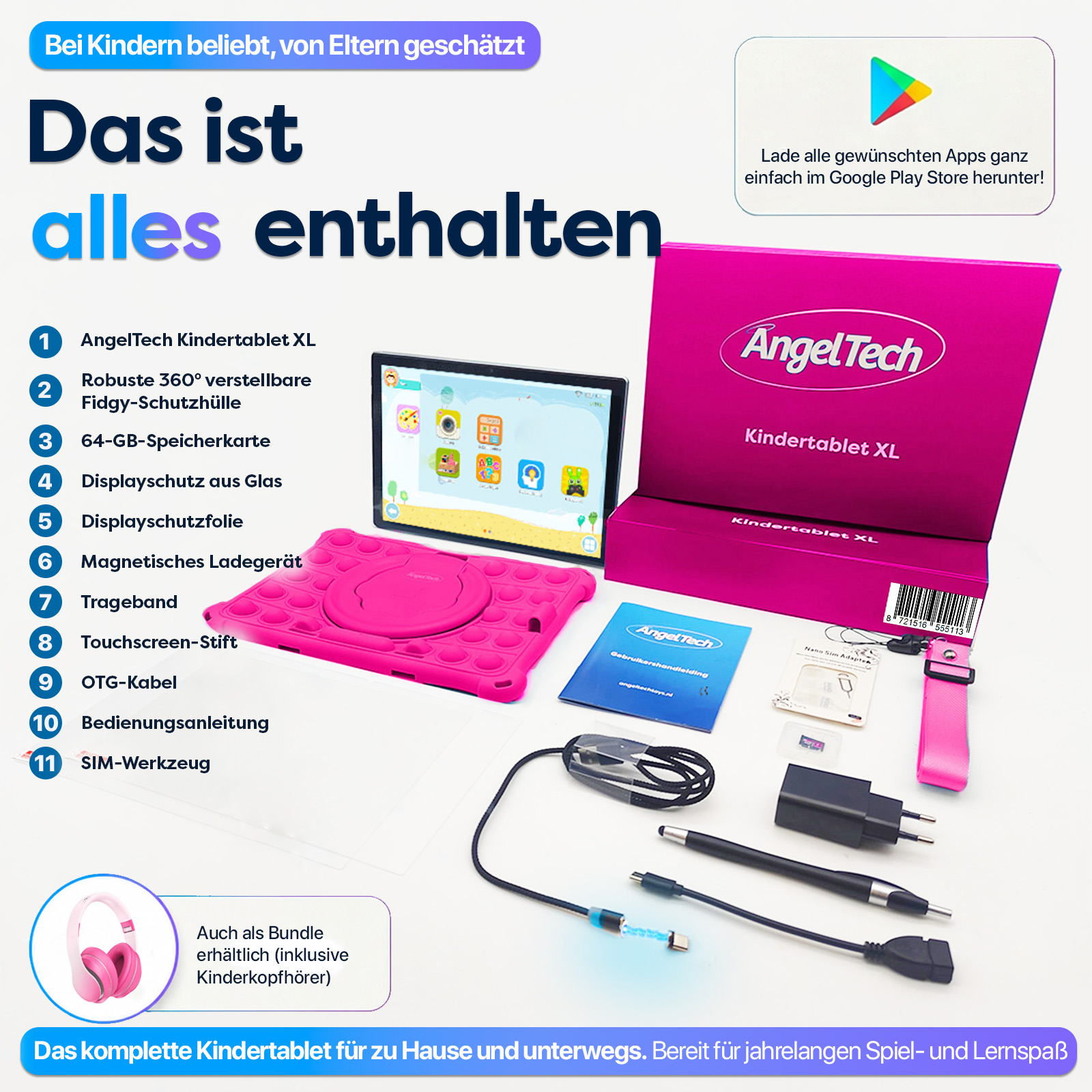 AngelTech Kindertablet XL mit Zubehör: Tablet, Hülle, Ladekabel, Stift, Kopfhörer.