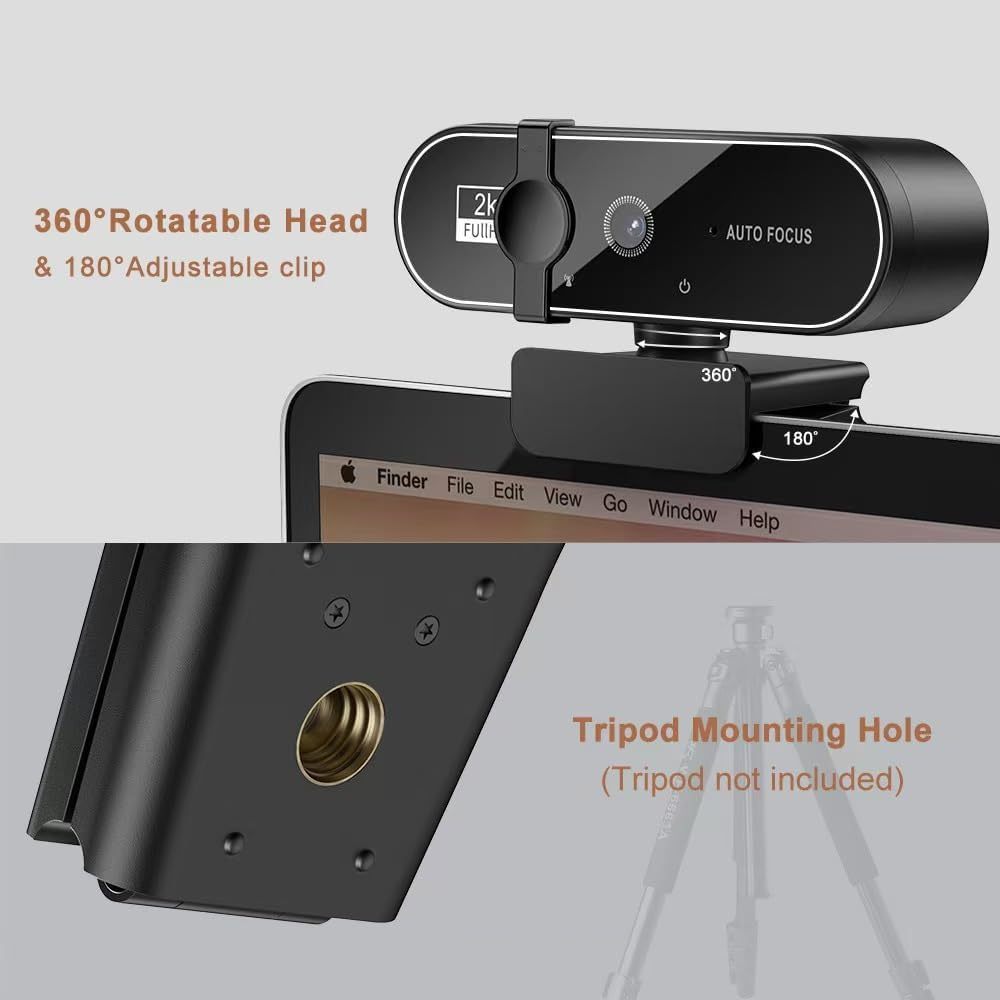 Eine 2K-Webcam mit 360°-Kopf und 180°-Clip auf einem Laptop.