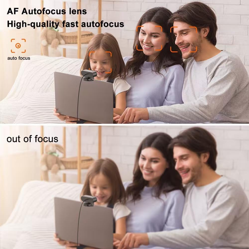 Familie mit Webcam vor Laptop, mit und ohne Fokus.