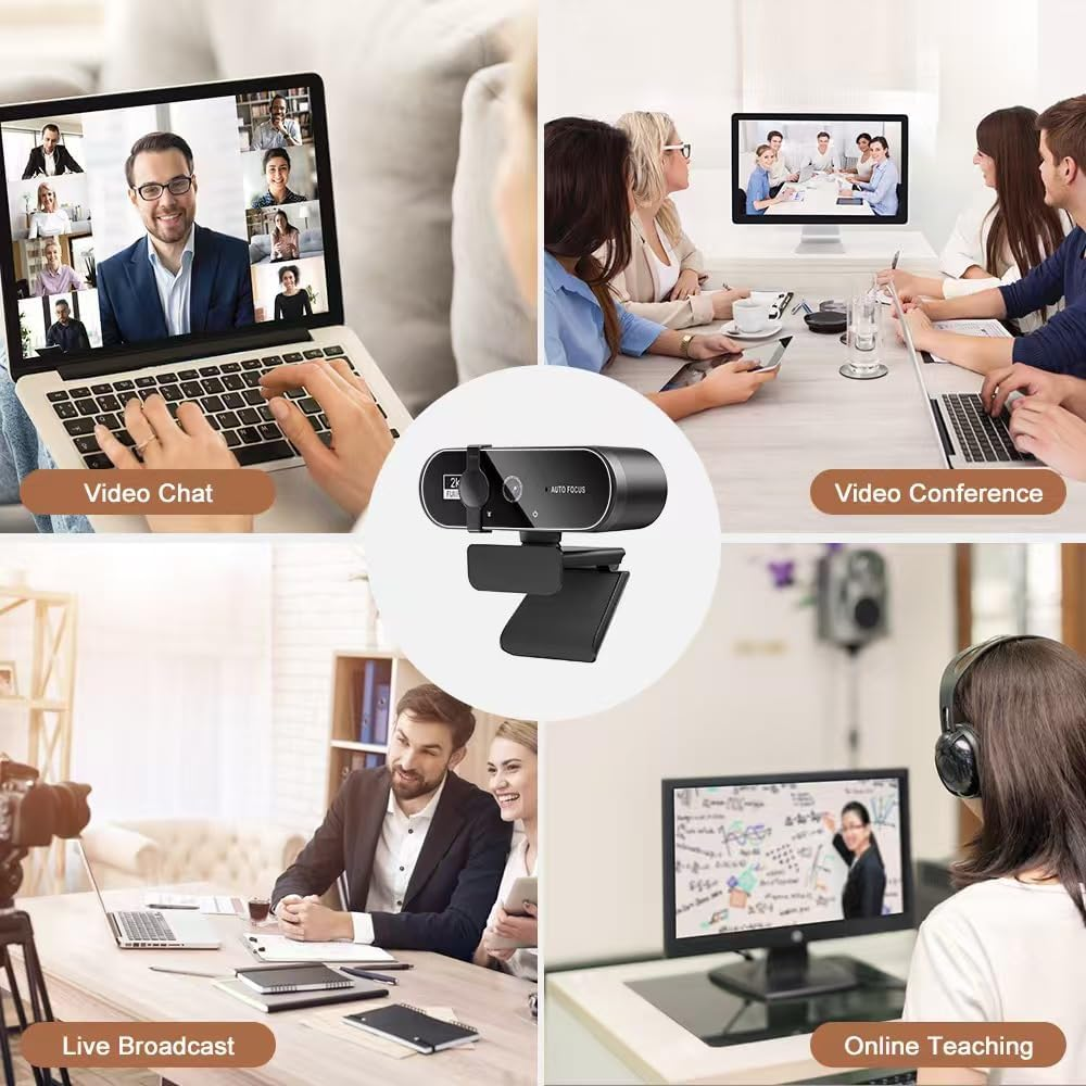 Vier Szenen: Videochat, Videokonferenz, Live-Übertragung, Online-Unterricht.