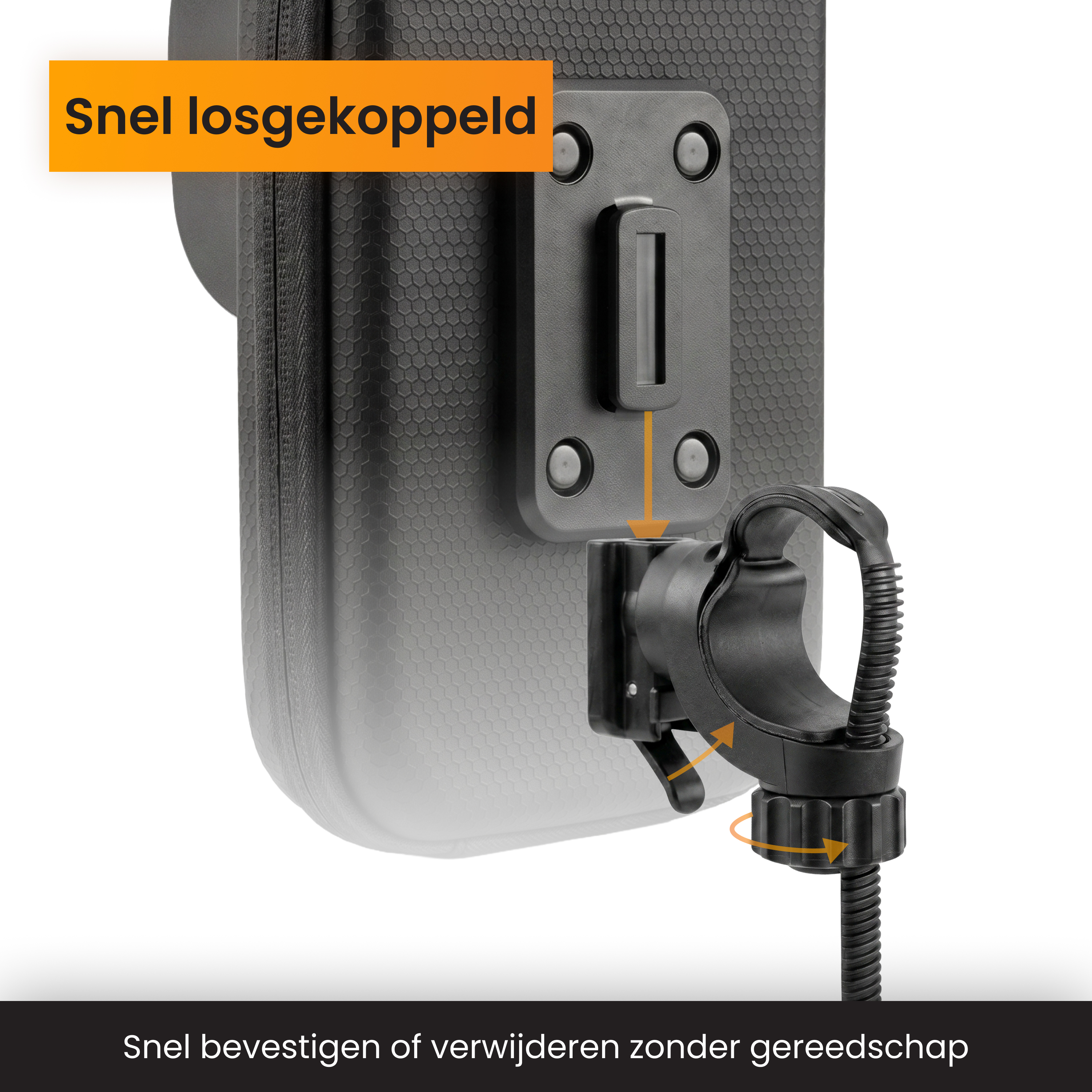 Zwarte houder met snelontgrendelingsmechanisme, gedetailleerd.