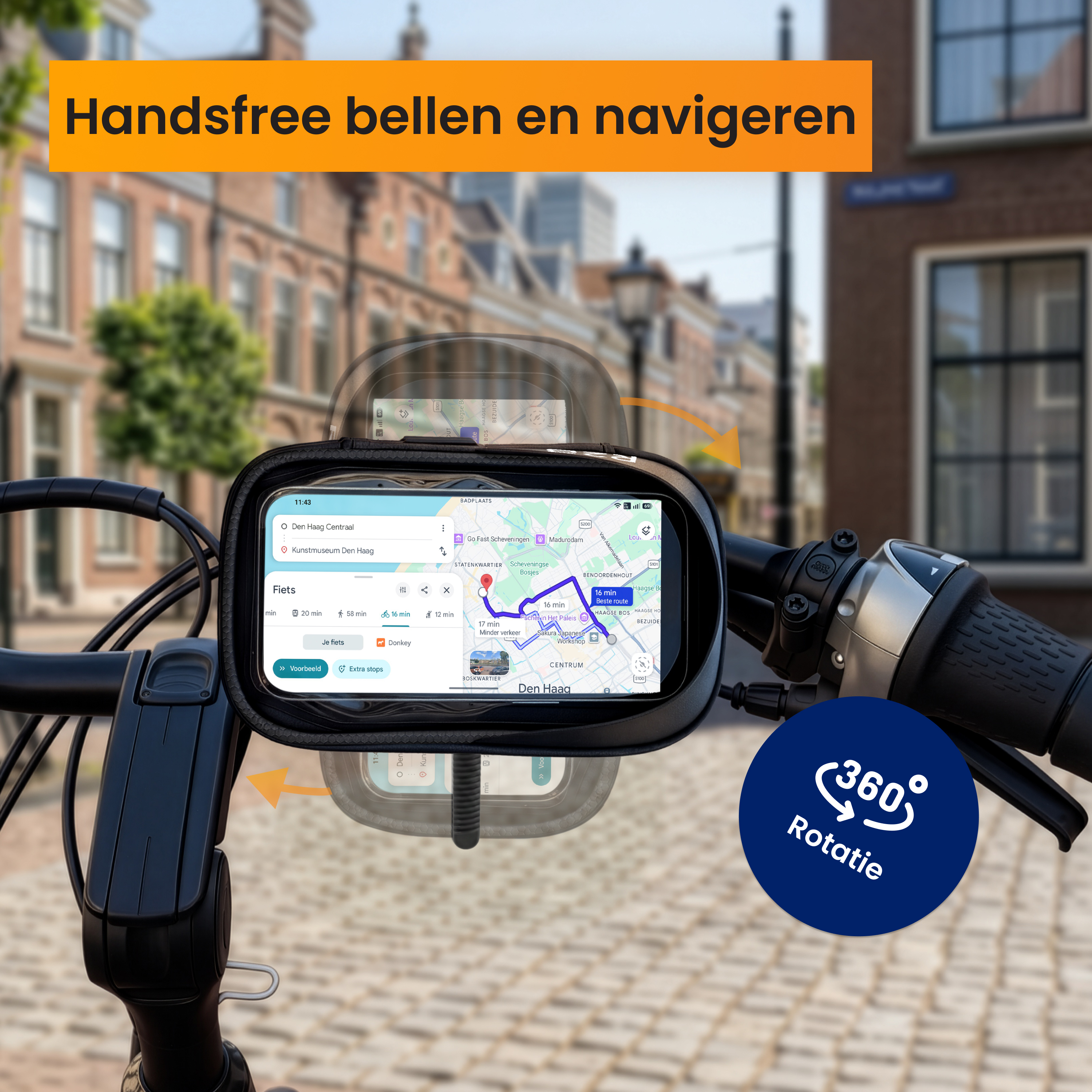 Een smartphone met navigatie-app is op een fietsstuur gemonteerd. De tekst luidt 'Handsfree bellen en navigeren'.