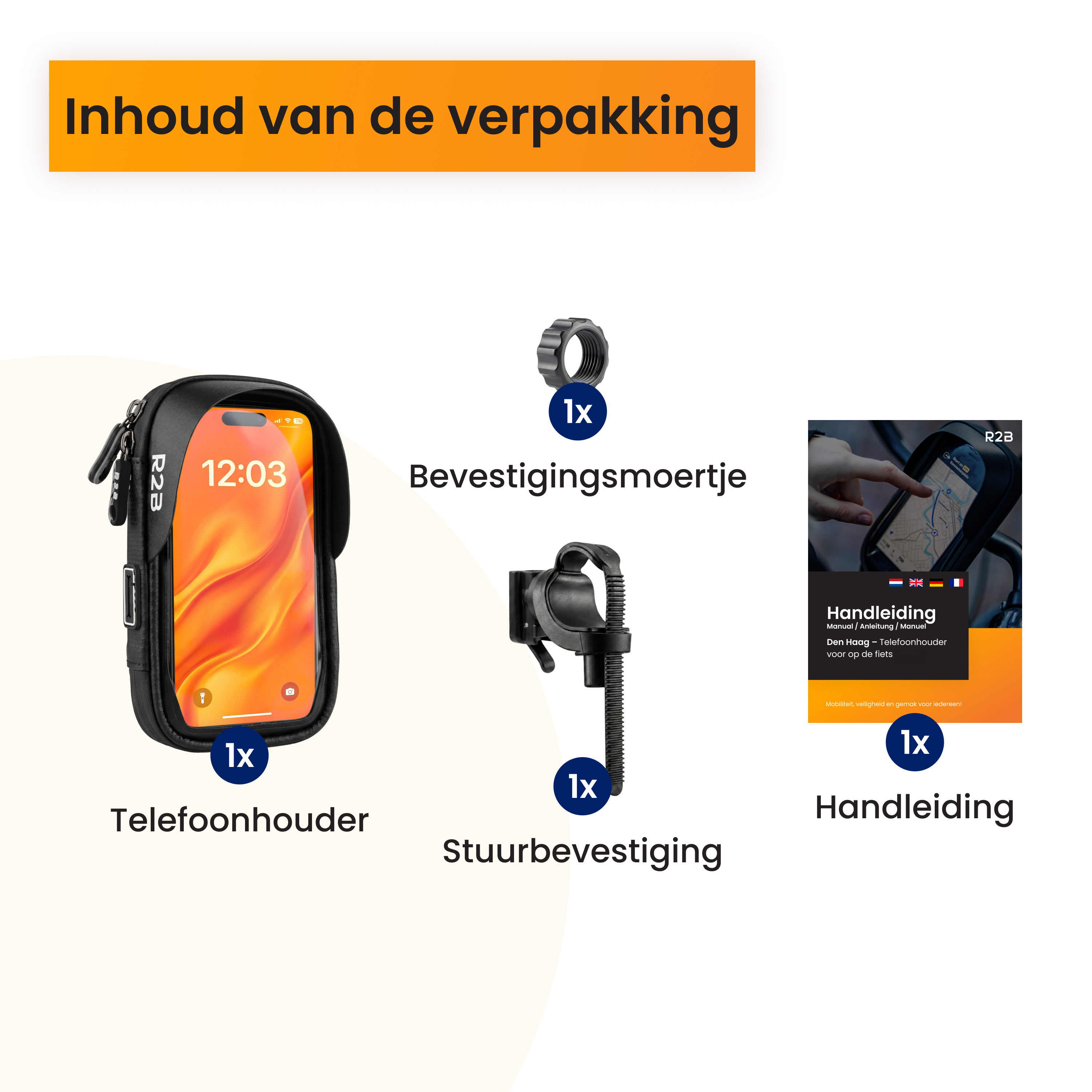 Inhoud verpakking: telefoonhouder, stuurbevestiging, moer, handleiding.