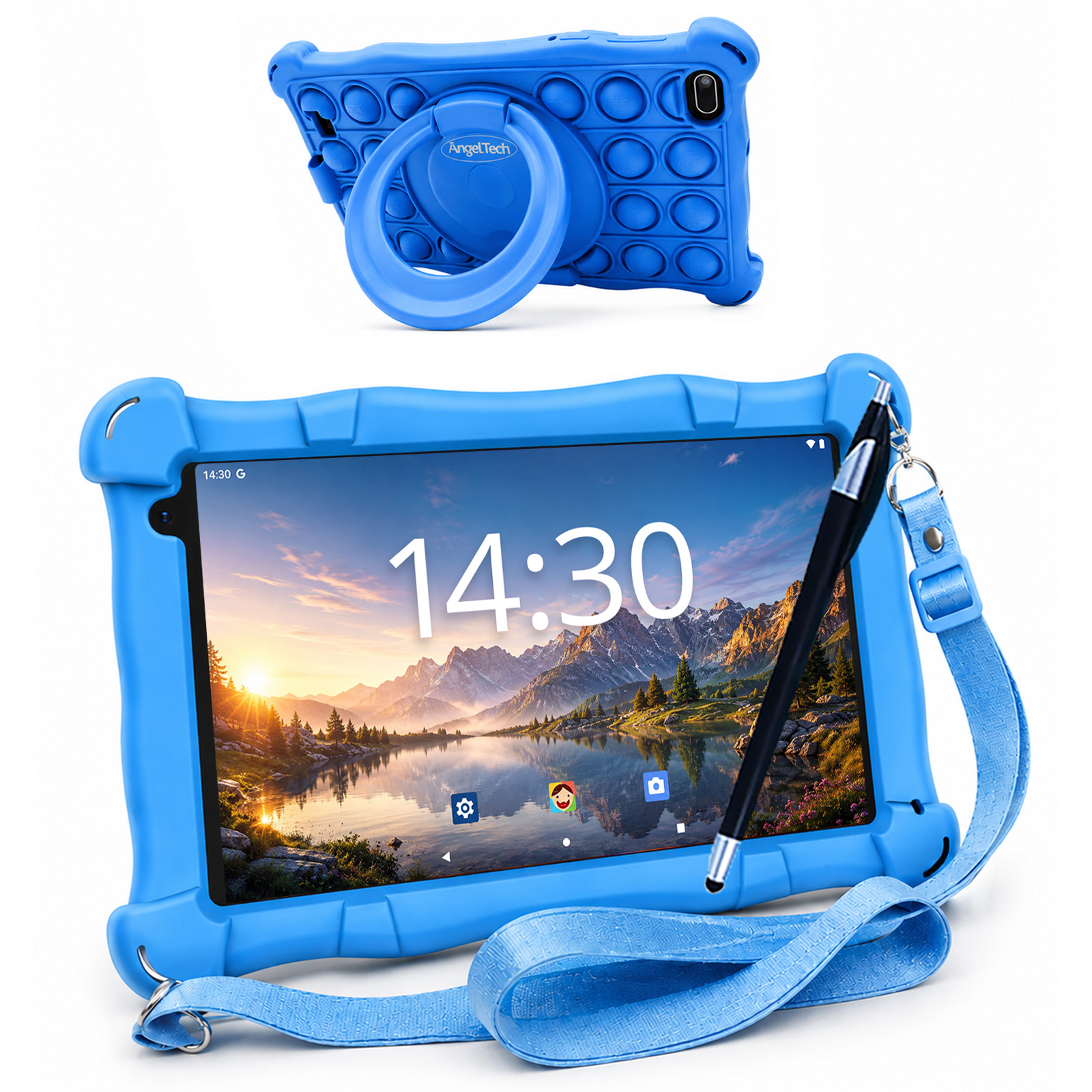 Zwei blaue Tablets mit Pop-It-Hülle und Stift. Eines zeigt eine Landschaft, das andere ist eine Rückansicht.