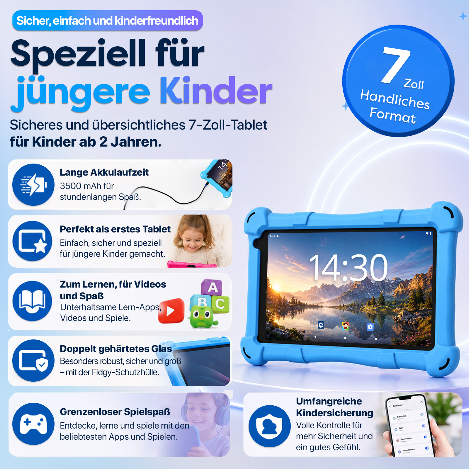 Blaues Kindertablet mit Symbolen: Akku, Kind, Buch, Controller, Schild.