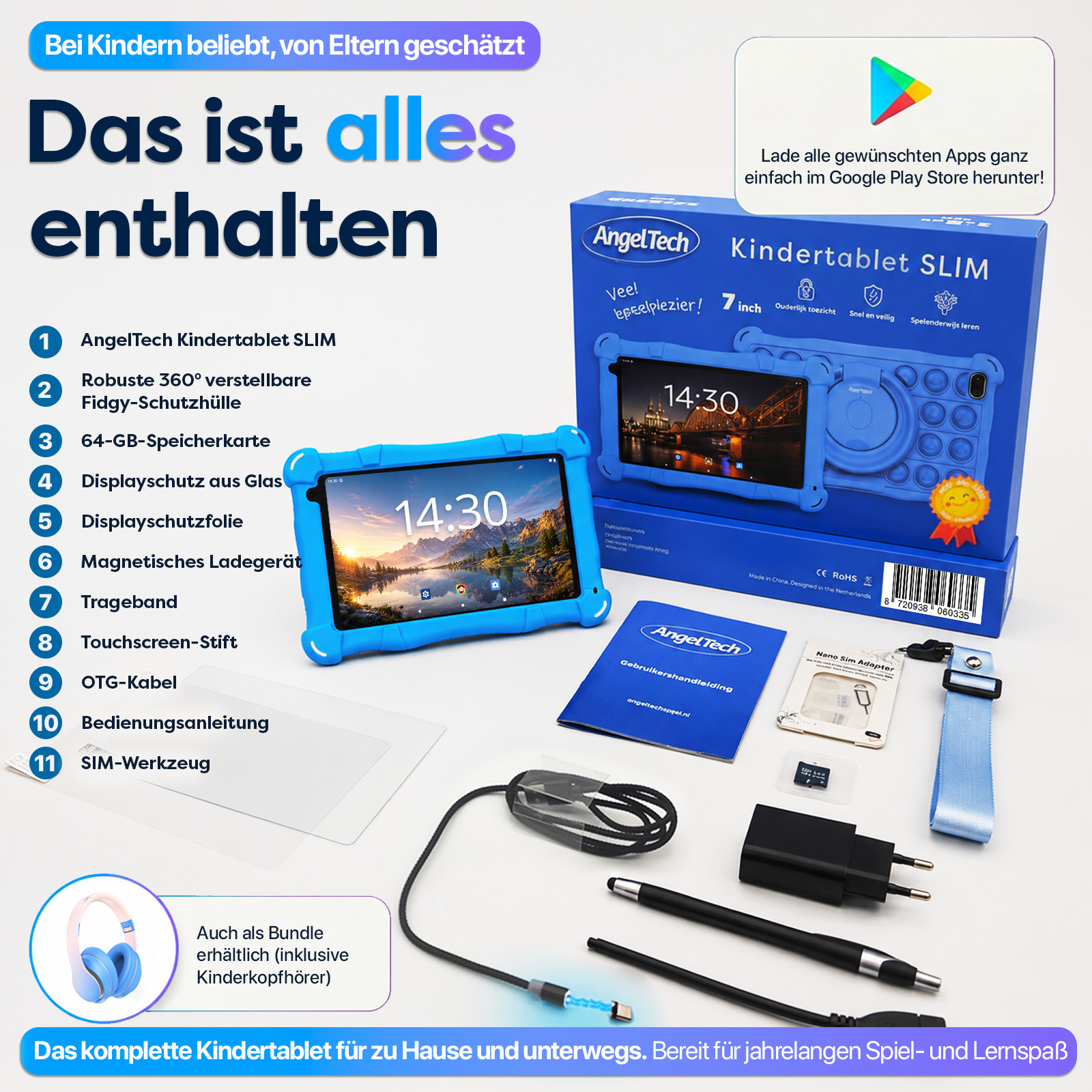 Ein blaues AngelTech Kindertablet mit Zubehör wie Hülle, Stift, Kabel und Kopfhörer.