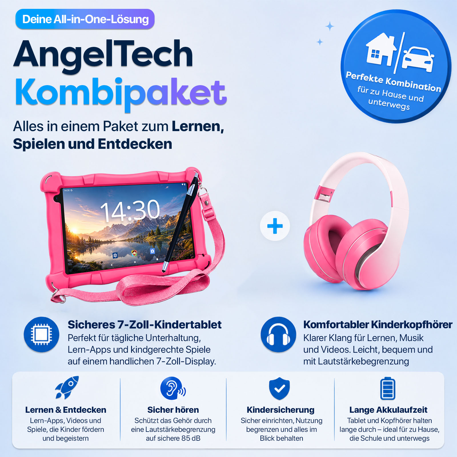 AngelTech Kombipaket: Pinkes Tablet mit Kopfhörern, für Kinder zu Hause und unterwegs.