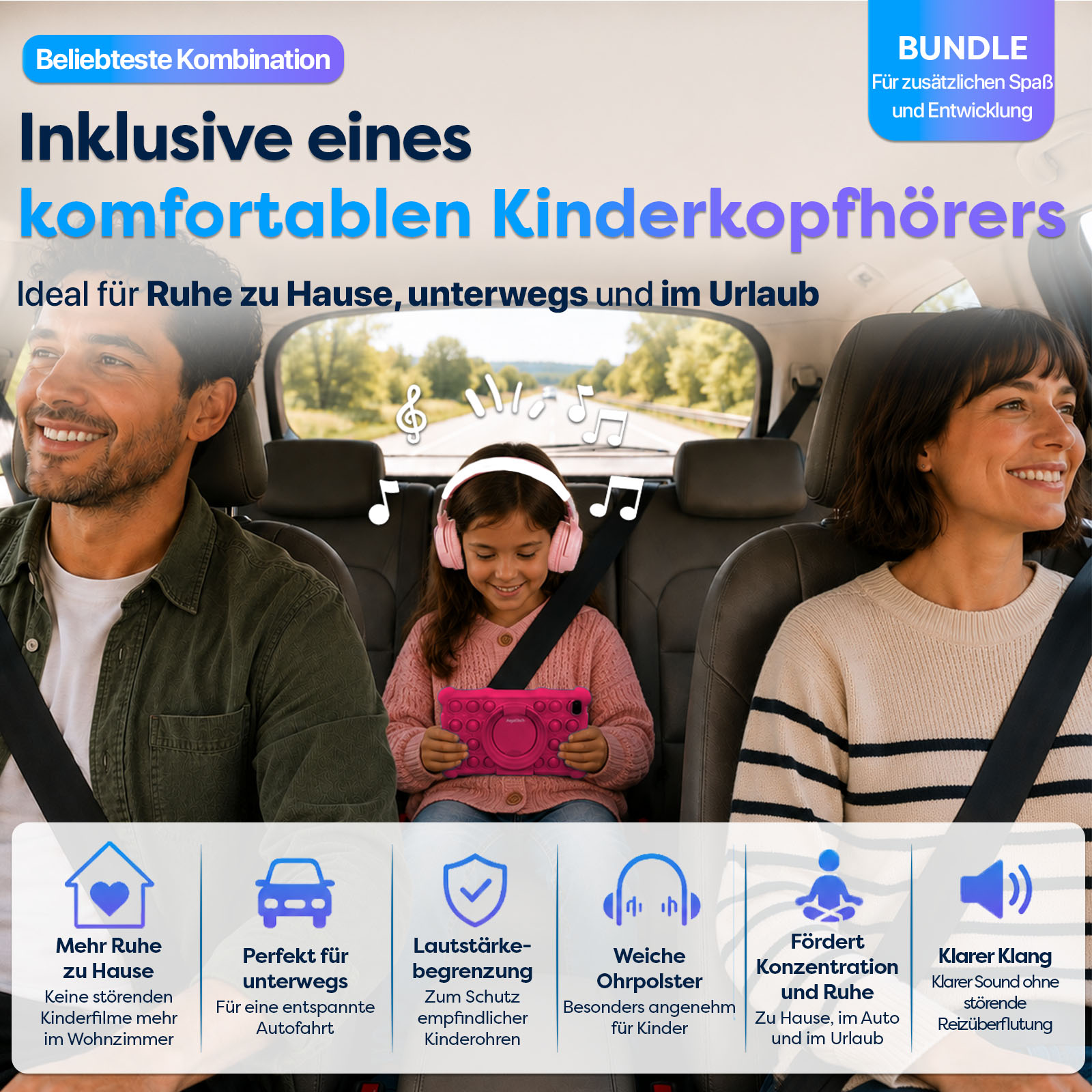 Familie im Auto mit Kopfhörern, Kind spielt auf Tablet. Musiknoten schweben.