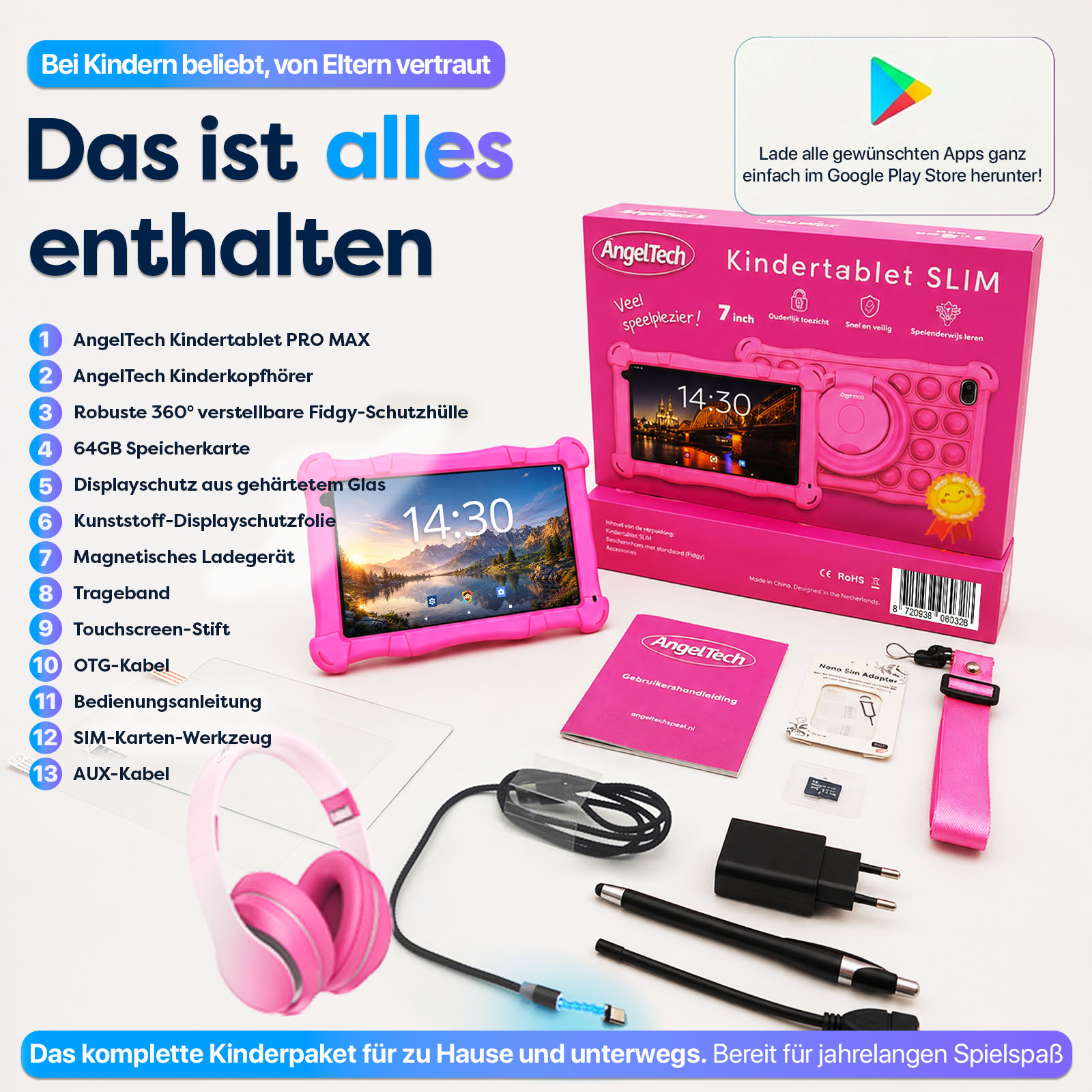 Ein rosa AngelTech Kindertablet mit Zubehör wie Kopfhörern, Ladekabeln und Hülle.
