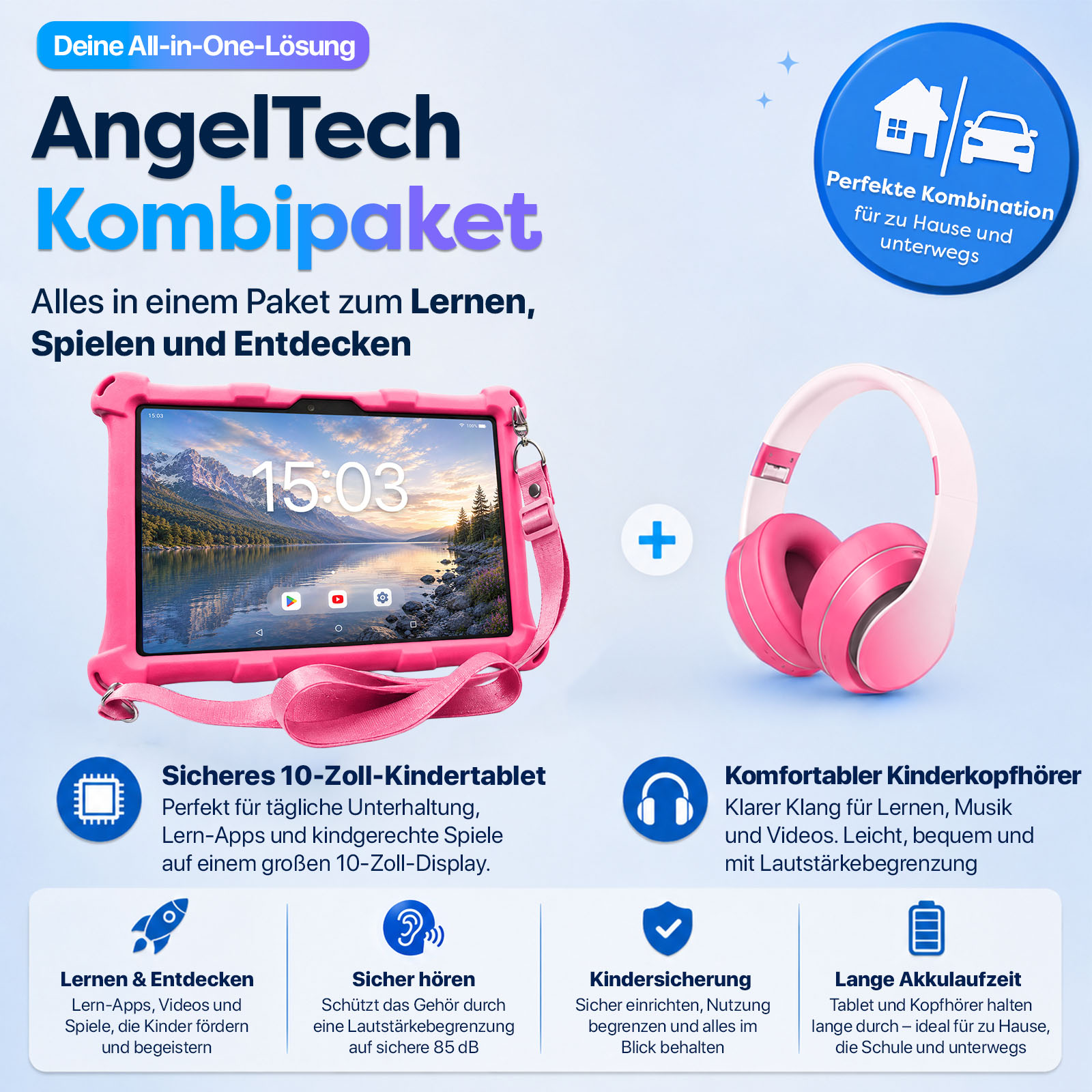 AngelTech Kombipaket: pinkes Tablet, Kopfhörer. Für Lernen, Spielen, Zuhause & unterwegs.