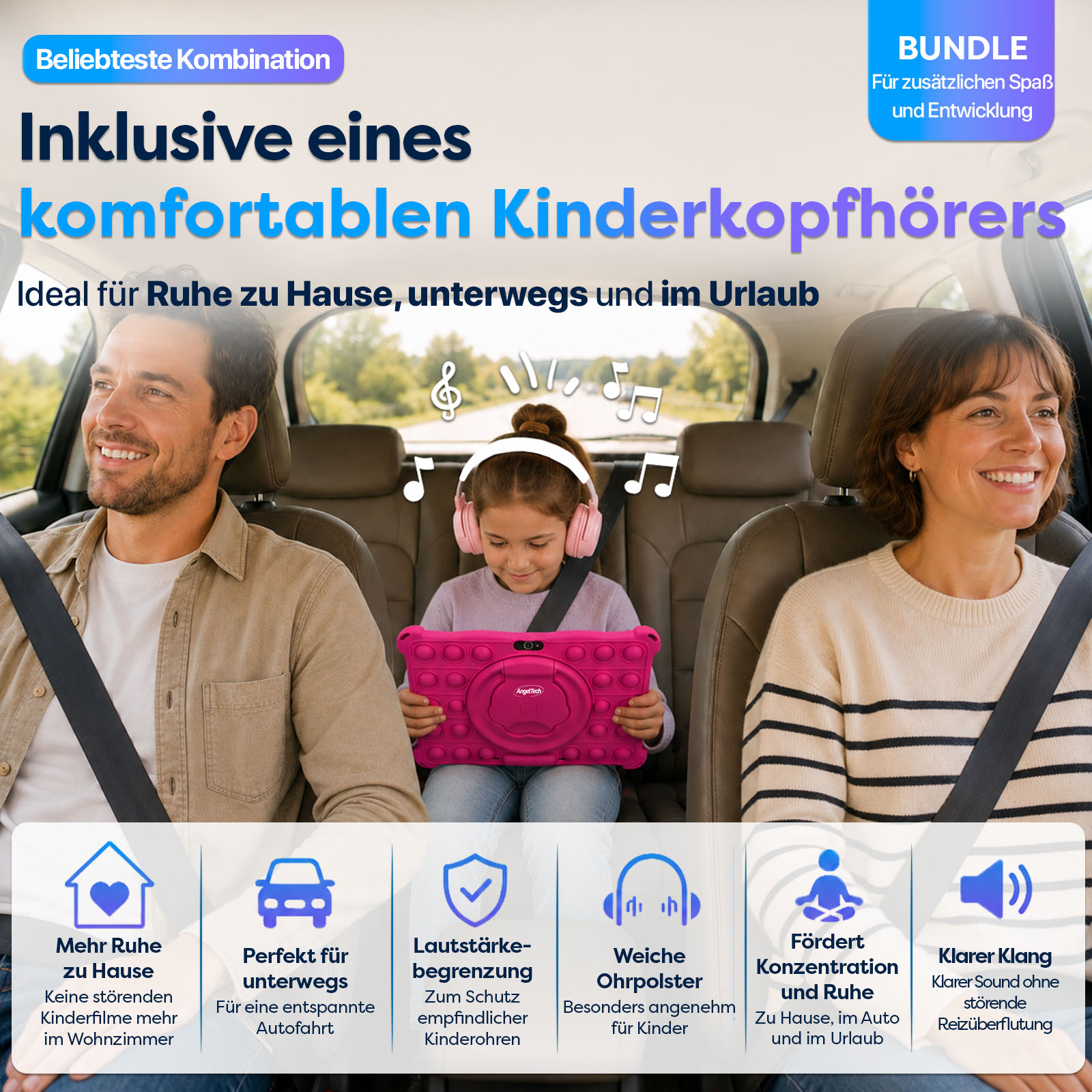 Familie im Auto mit Kopfhörern und Tablet. Text über Komfort und Reise.