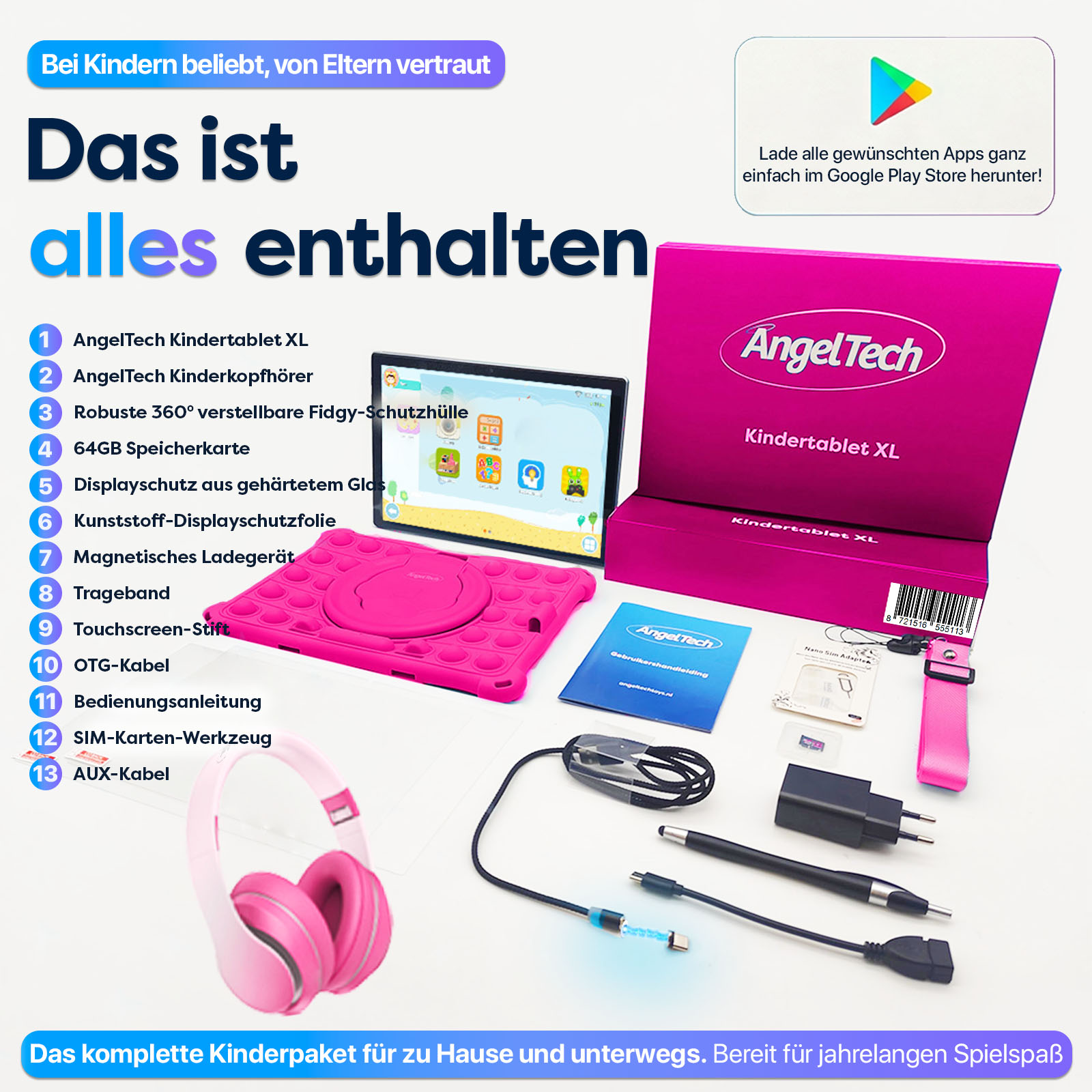 Pinkes AngelTech Kindertablet XL-Paket mit Zubehör: Kopfhörer, Hülle, Kabel, Stift, Anleitung.