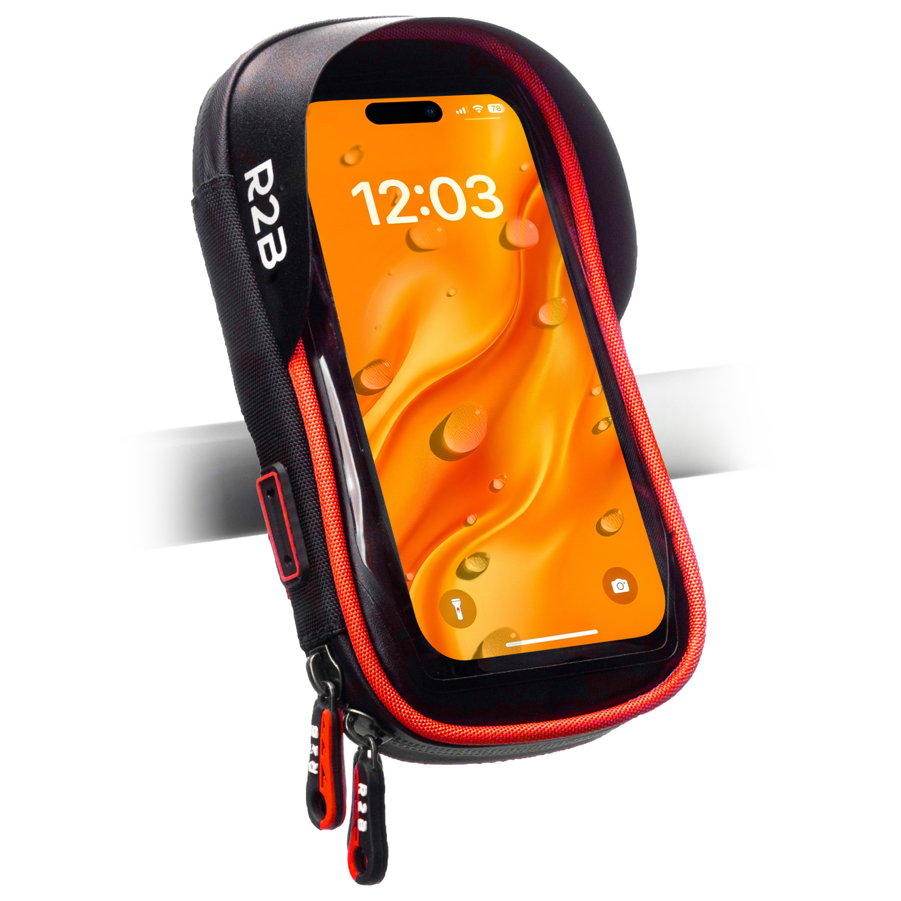 Zwarte fietstas met rode rand met daarin een smartphone met oranje achtergrond en waterdruppels.