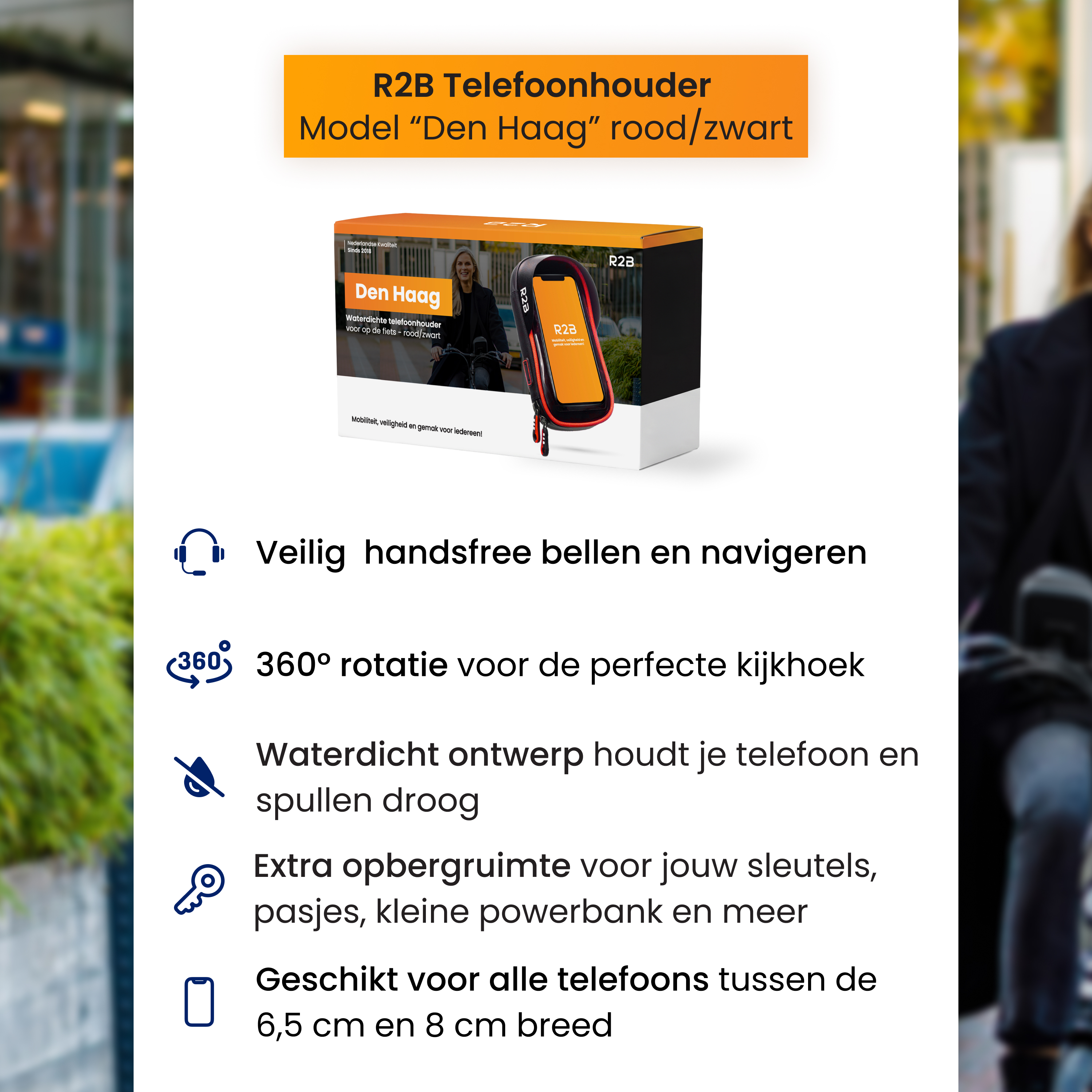 R2B telefoonhouder 'Den Haag' rood/zwart, waterdicht, 360° draaibaar.