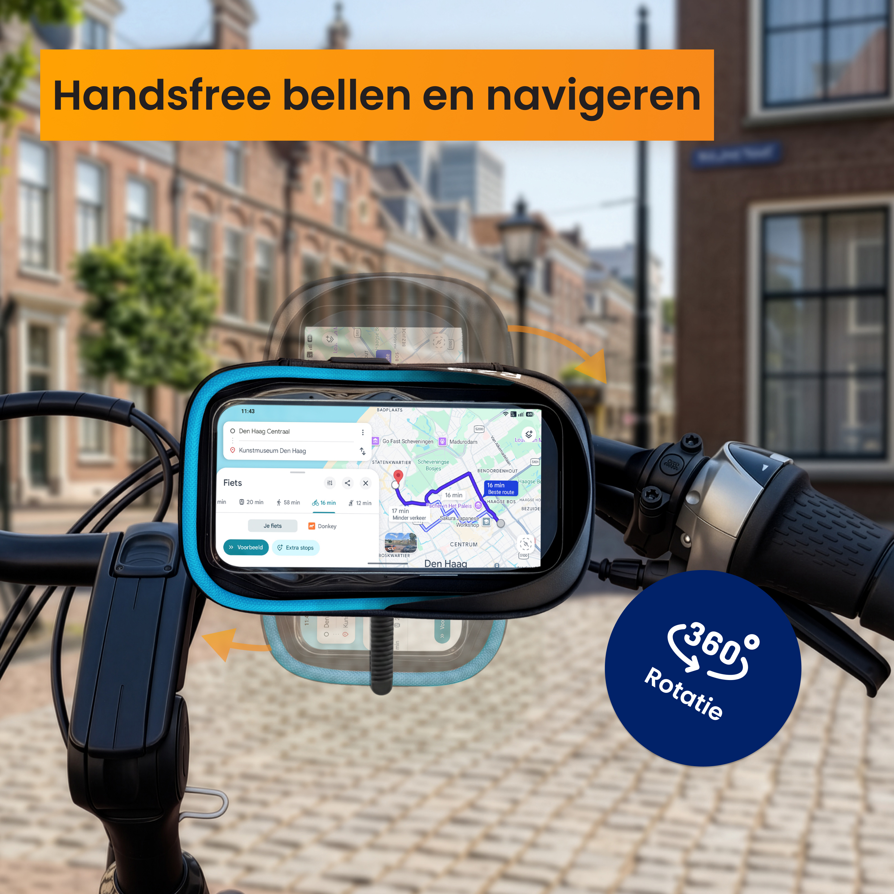 Fietssteun met telefoon die navigatie in Den Haag toont. Blauwe behuizing.