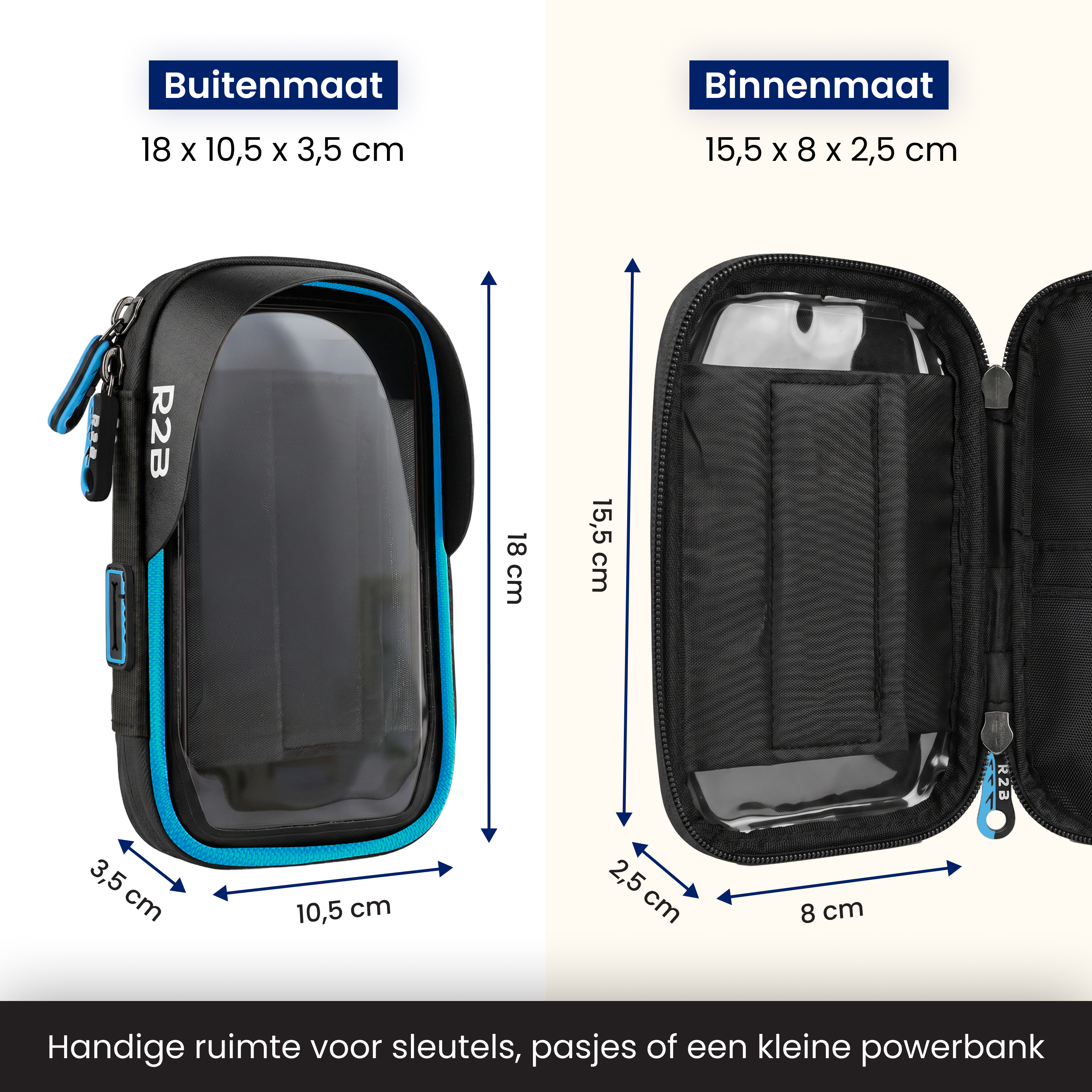 Zwarte tas met blauwe accenten, afmetingen getoond. Binnenaanzicht getoond.
