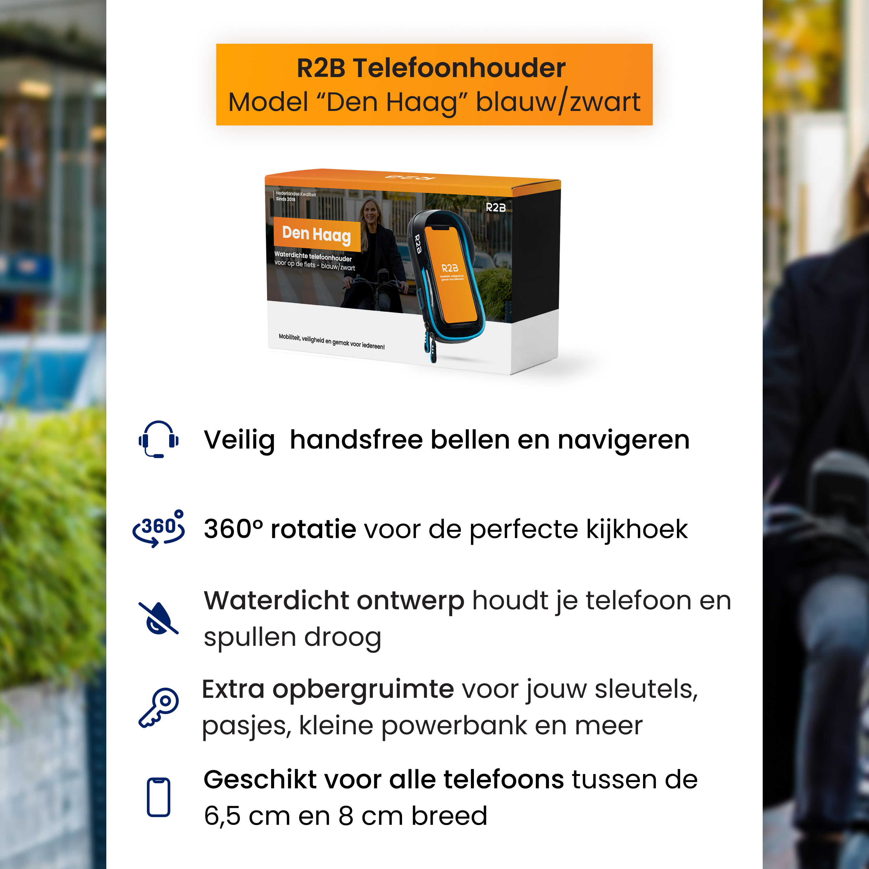 R2B "Den Haag" telefoonhouder, blauw/zwart, waterdicht, 360° draaiing.