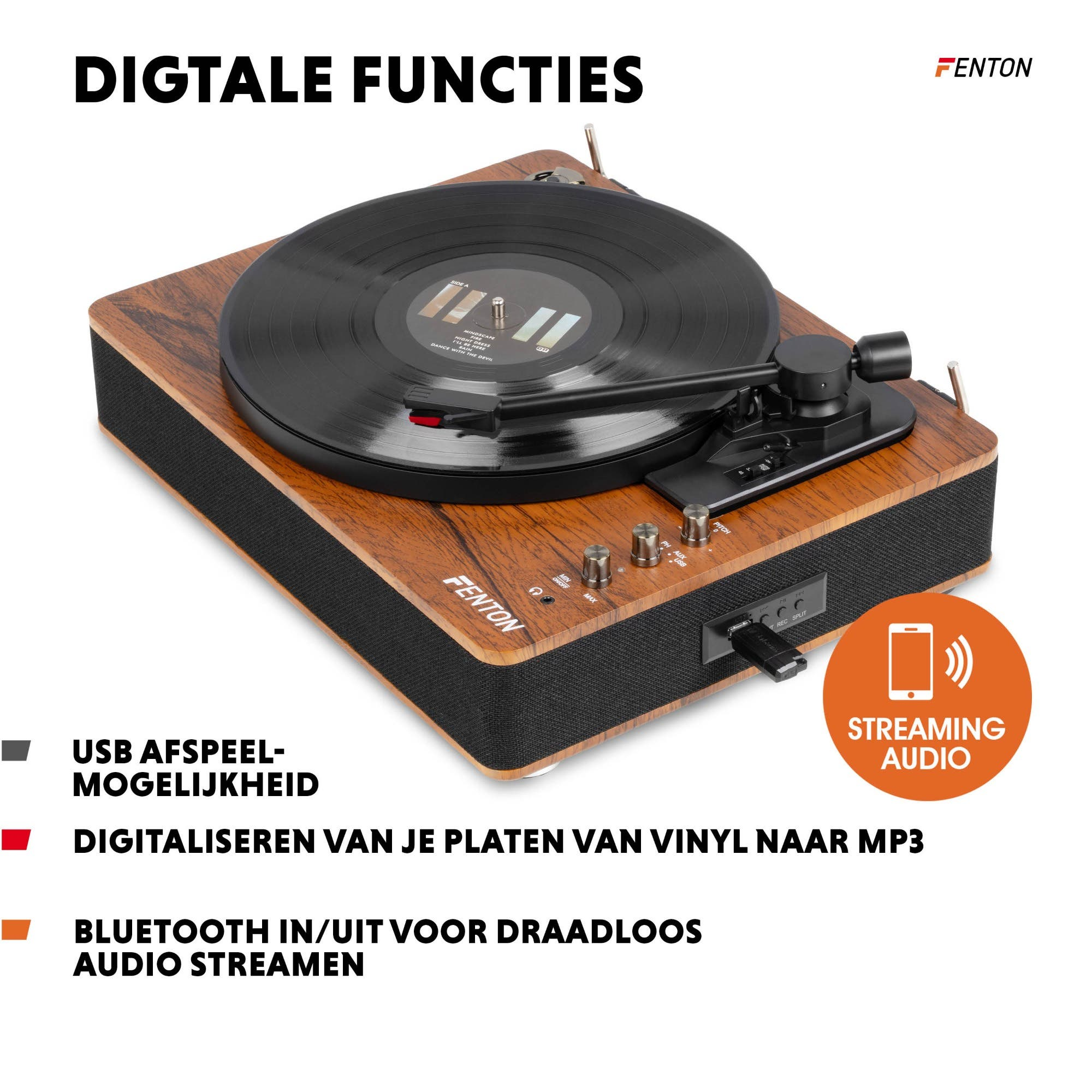 Ein Plattenspieler mit Holzmaserung, der Vinyl abspielt und USB/Bluetooth unterstützt.