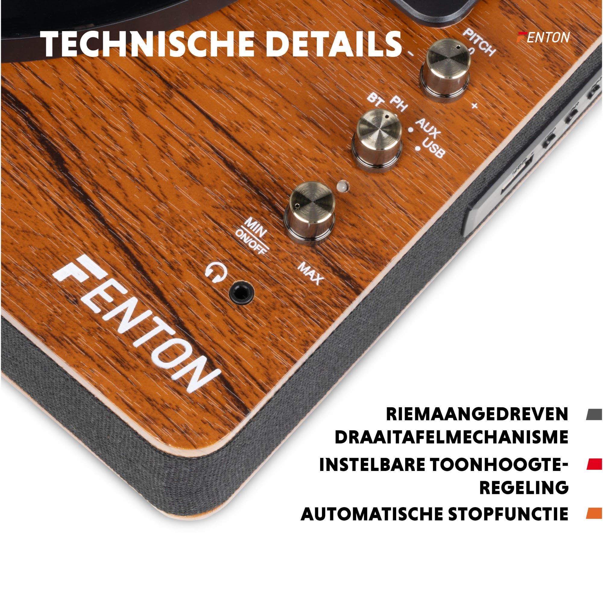 Nahaufnahme eines Plattenspielers mit 'Technische Details' und 'FENTON'-Logo. Bedienelemente sichtbar.
