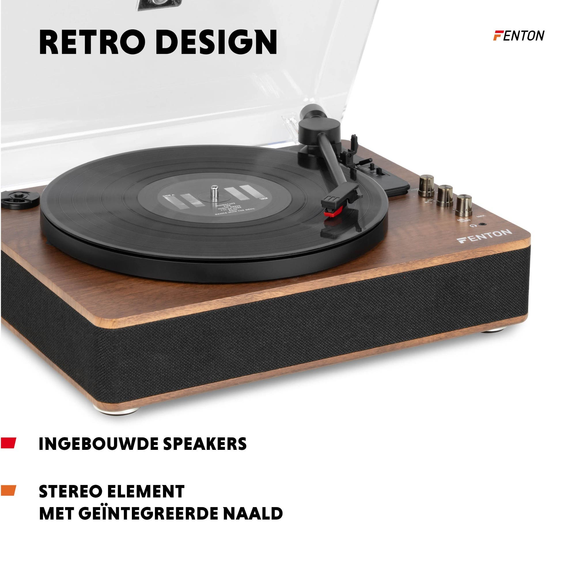 Ein Plattenspieler im Retro-Design mit Holzgehäuse, schwarzem Plattenteller und Tonarm.