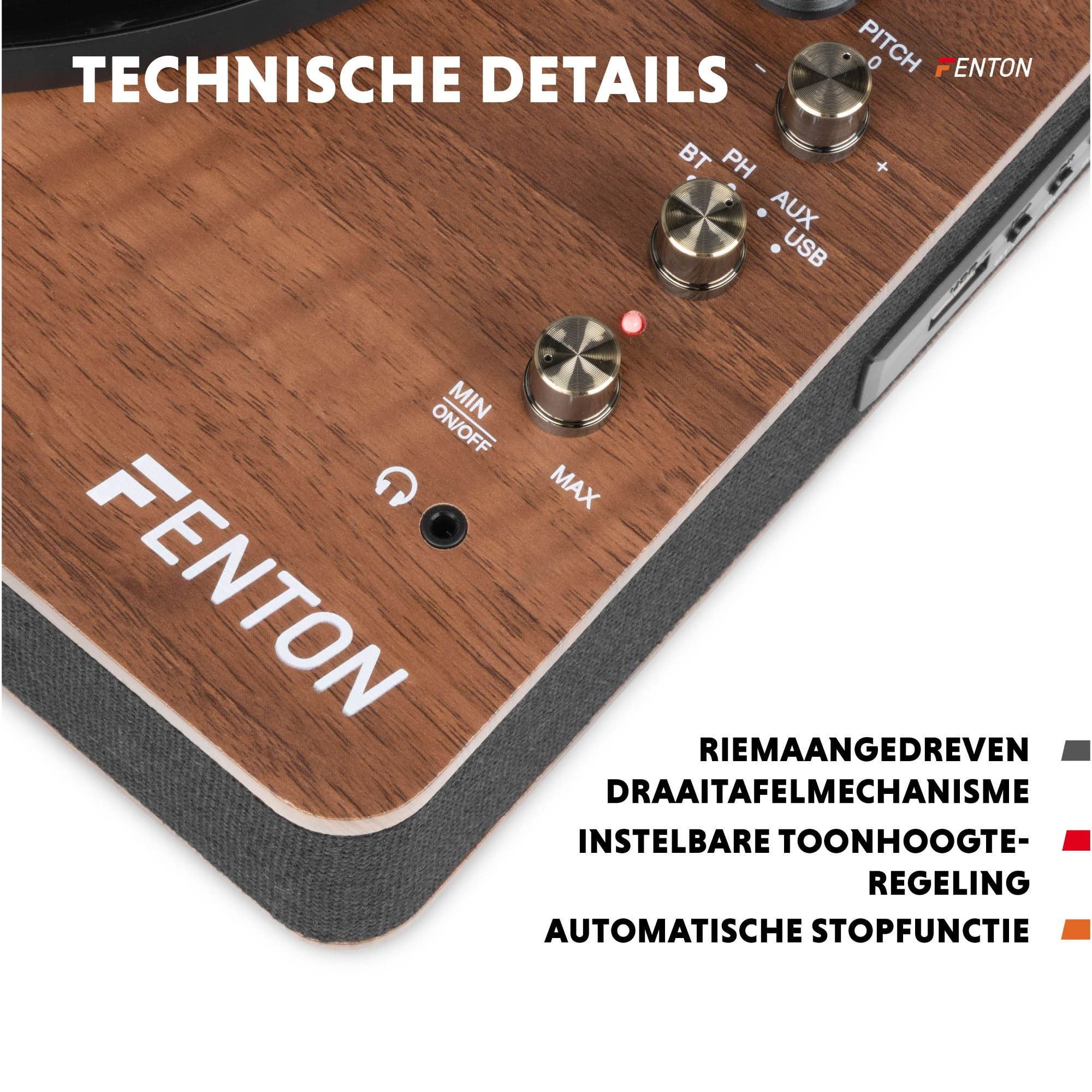 Nahaufnahme eines Plattenspielers mit Bedienelementen und Text.