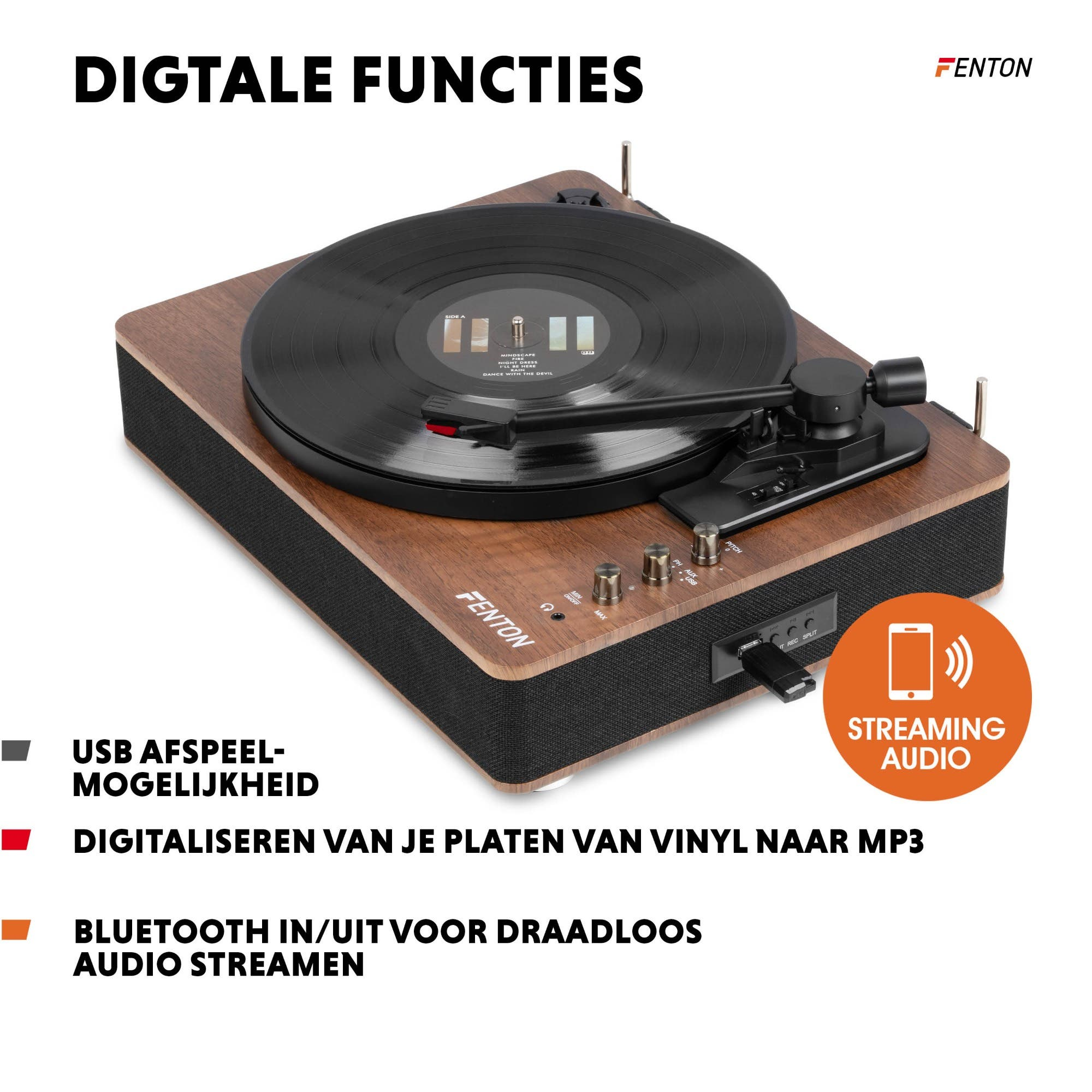 Ein Plattenspieler mit Holzgehäuse und schwarzem Lautsprechergrill, mit Vinyl und Tonarm.