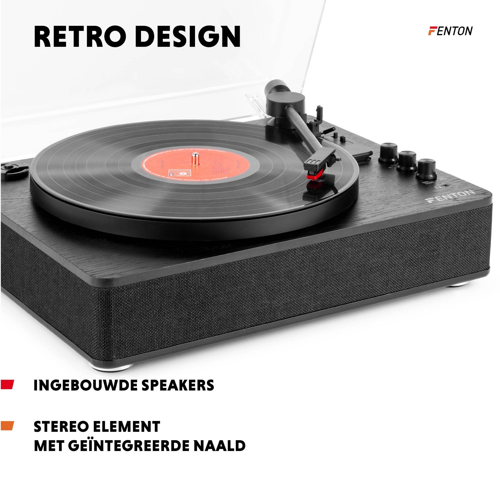 Tocadiscos negro con disco de vinilo rojo, brazo y perillas.