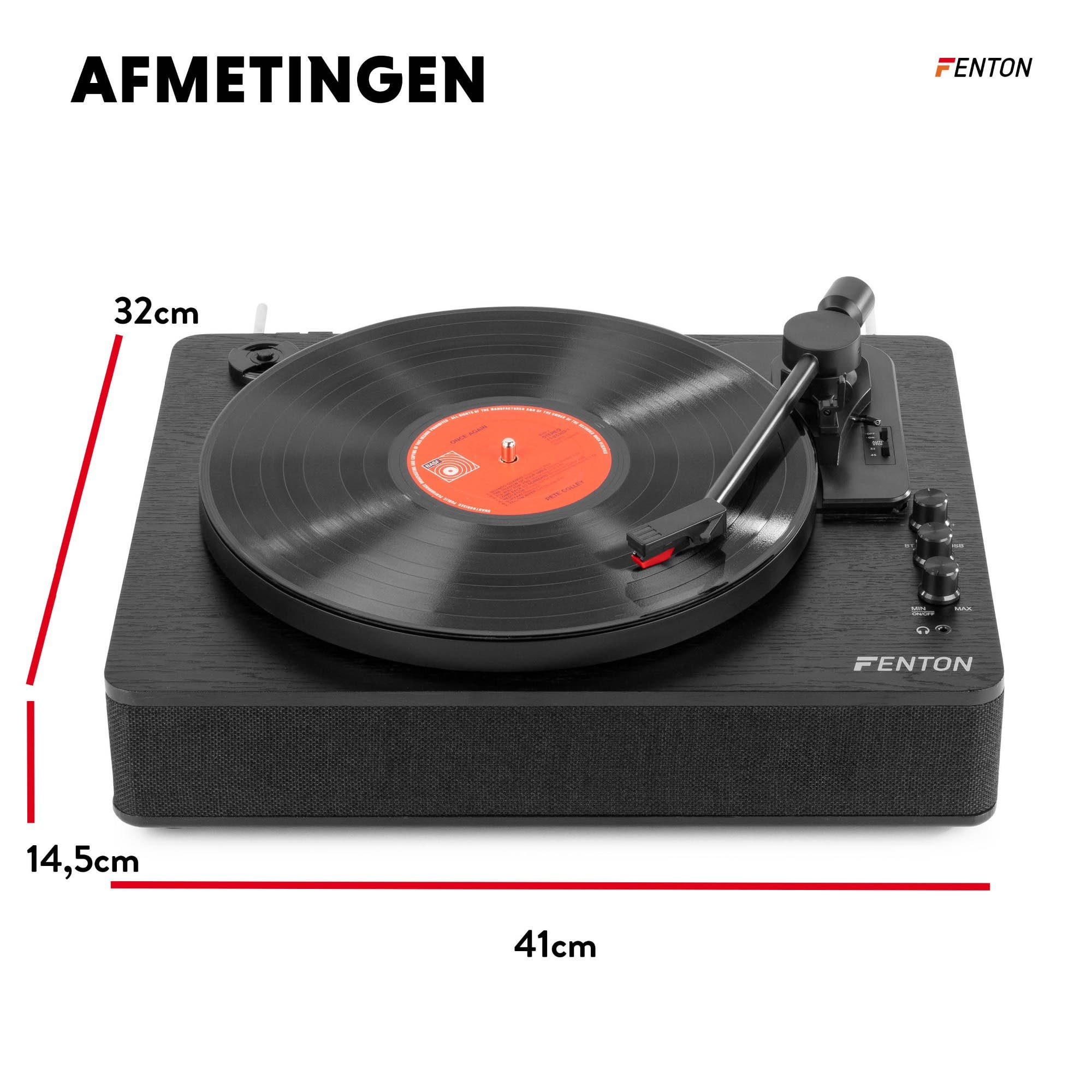 Tocadiscos negro con disco de vinilo, dimensiones 32x41x14,5cm.