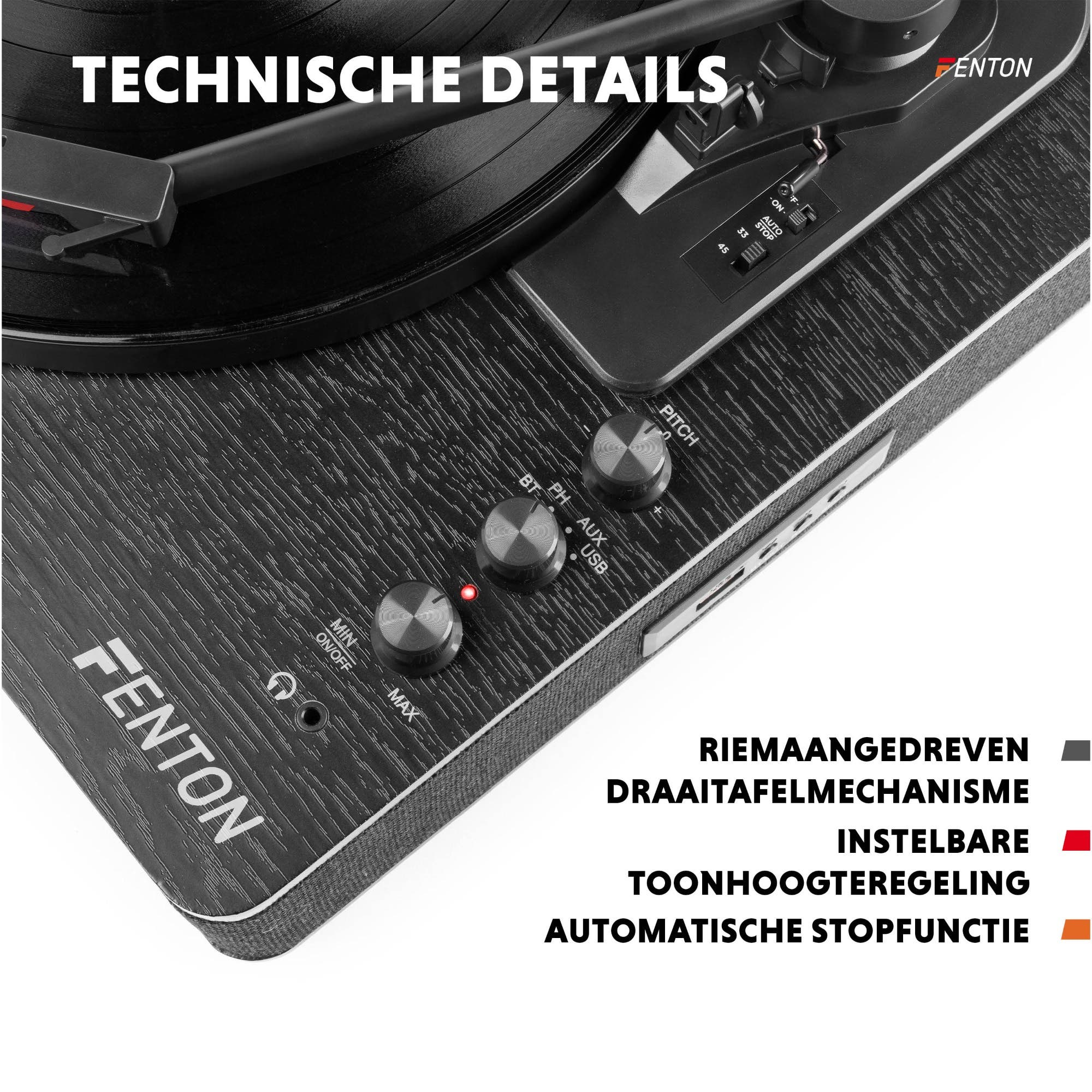 Primer plano de un tocadiscos con controles y detalles técnicos.