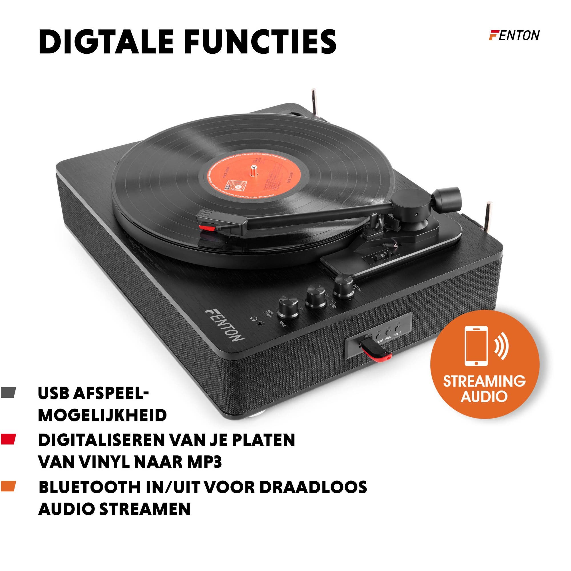 Tocadiscos negro con vinilo, controles e icono de "Streaming Audio".