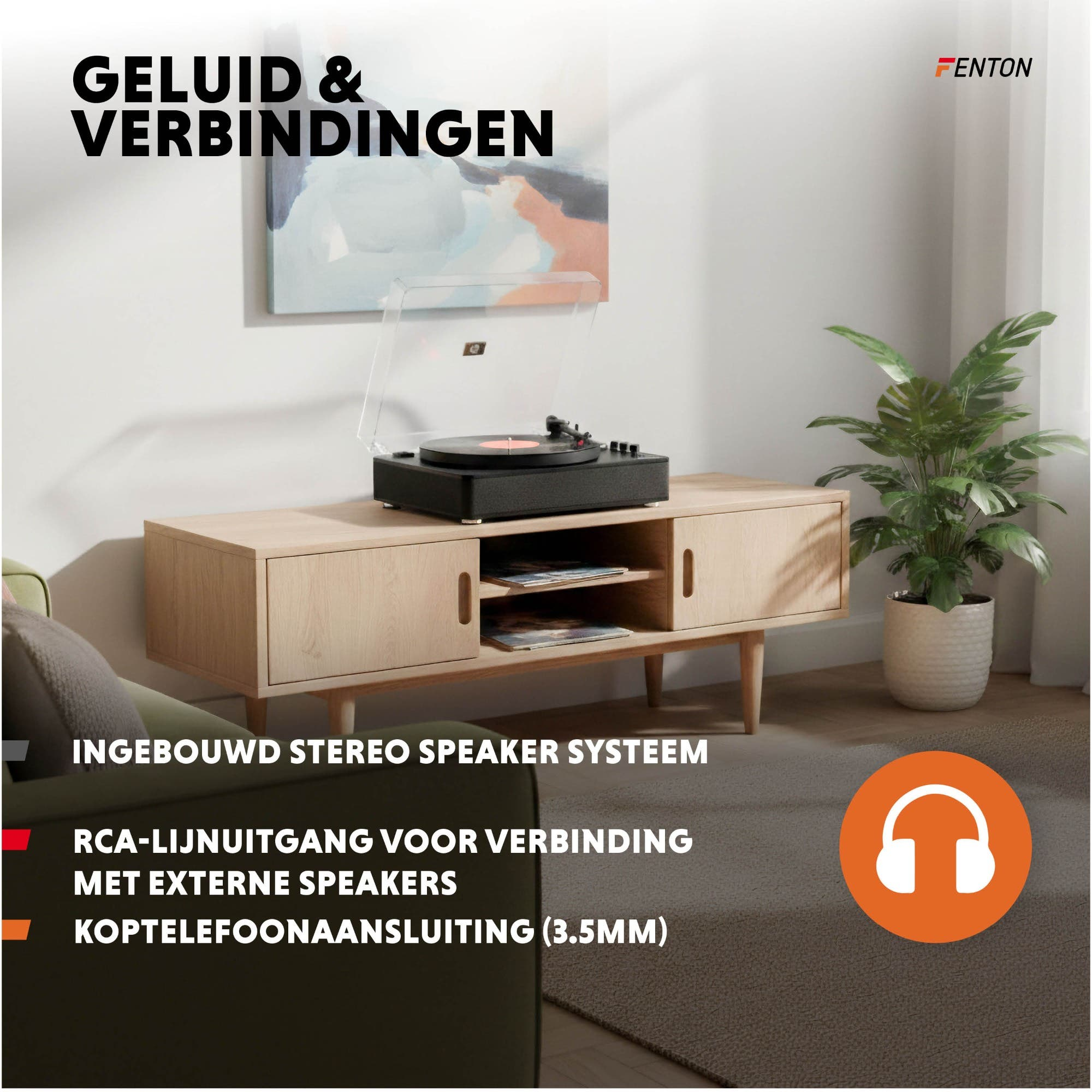 Un tocadiscos en un mueble de madera con un icono de altavoz.